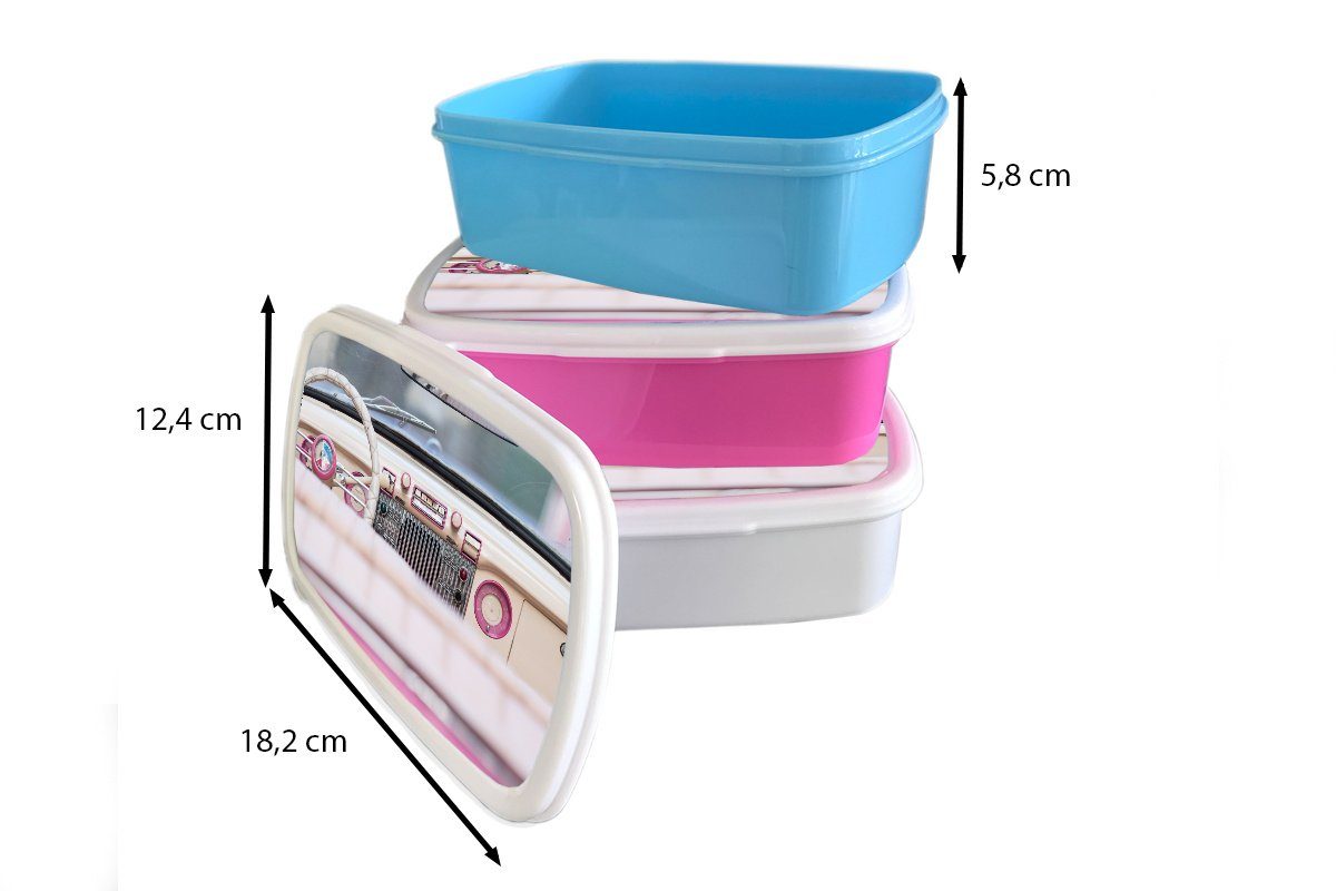 MuchoWow Lunchbox Auto Erwachsene, - Brotbox Brotdose - Kunststoff Mädchen, Rosa, Snackbox, für Kinder, Kunststoff, Retro (2-tlg)