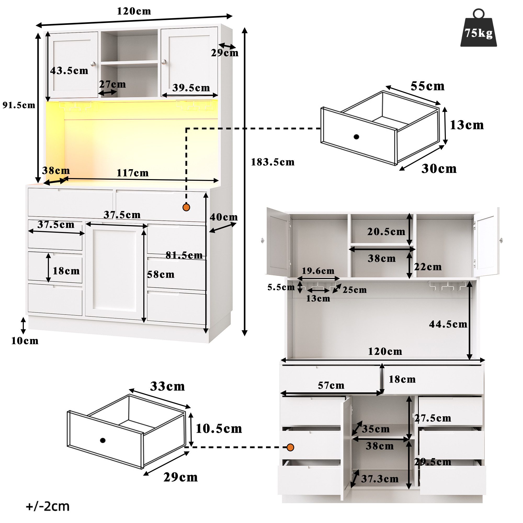 Celya Hochschrank Küchenschrank mit LED und 8 Schubladen (Magnetverschluss für leises Schließen, Ergonomische Arbeitshöhe 92 cm, Verstellbare Trennwand)