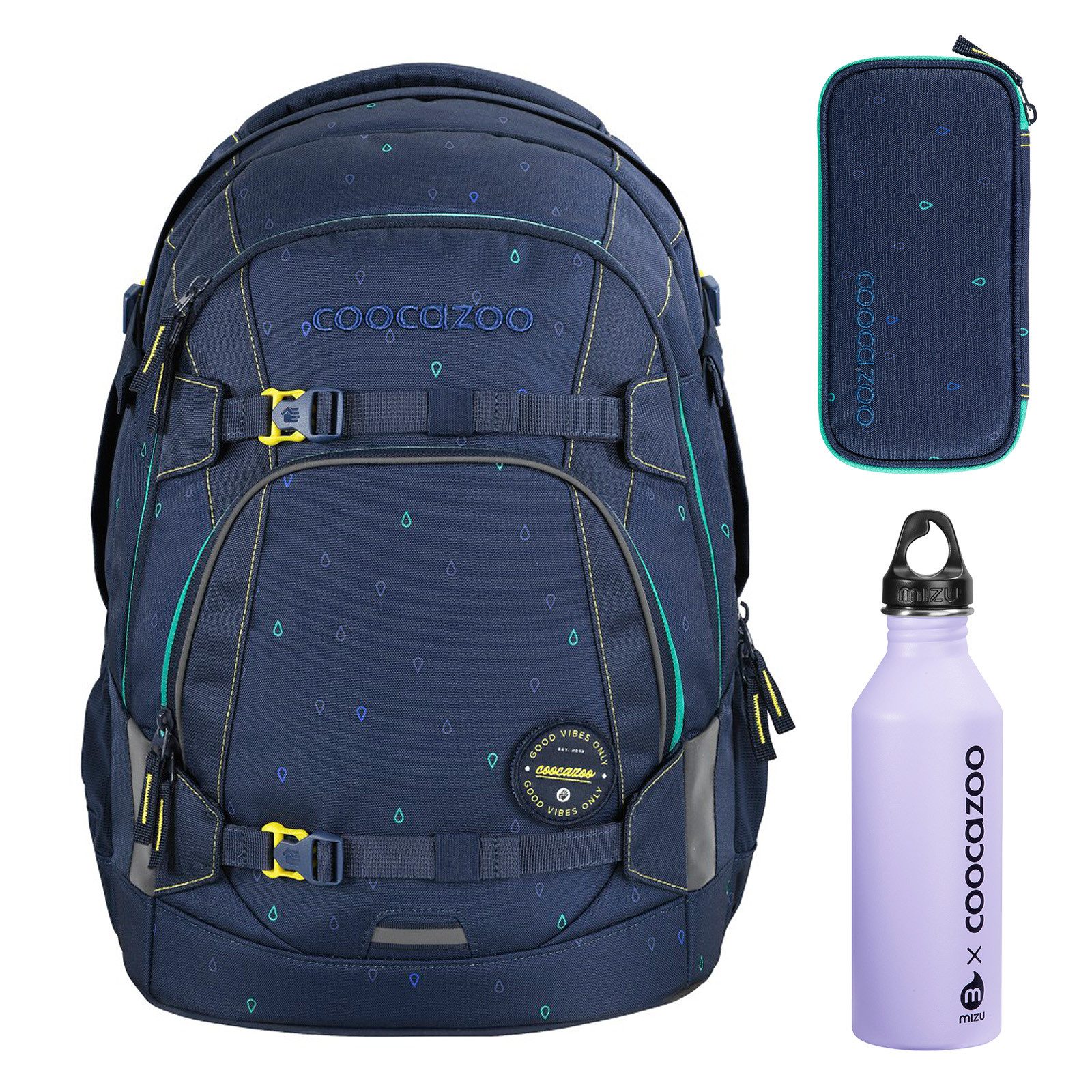 coocazoo Schulrucksack Mate Schulrucksack Set Rucksack mit Mäppchen und Trinkflasche, Mit Edelstahl-Trinkfalsche und Schlampermäppchen
