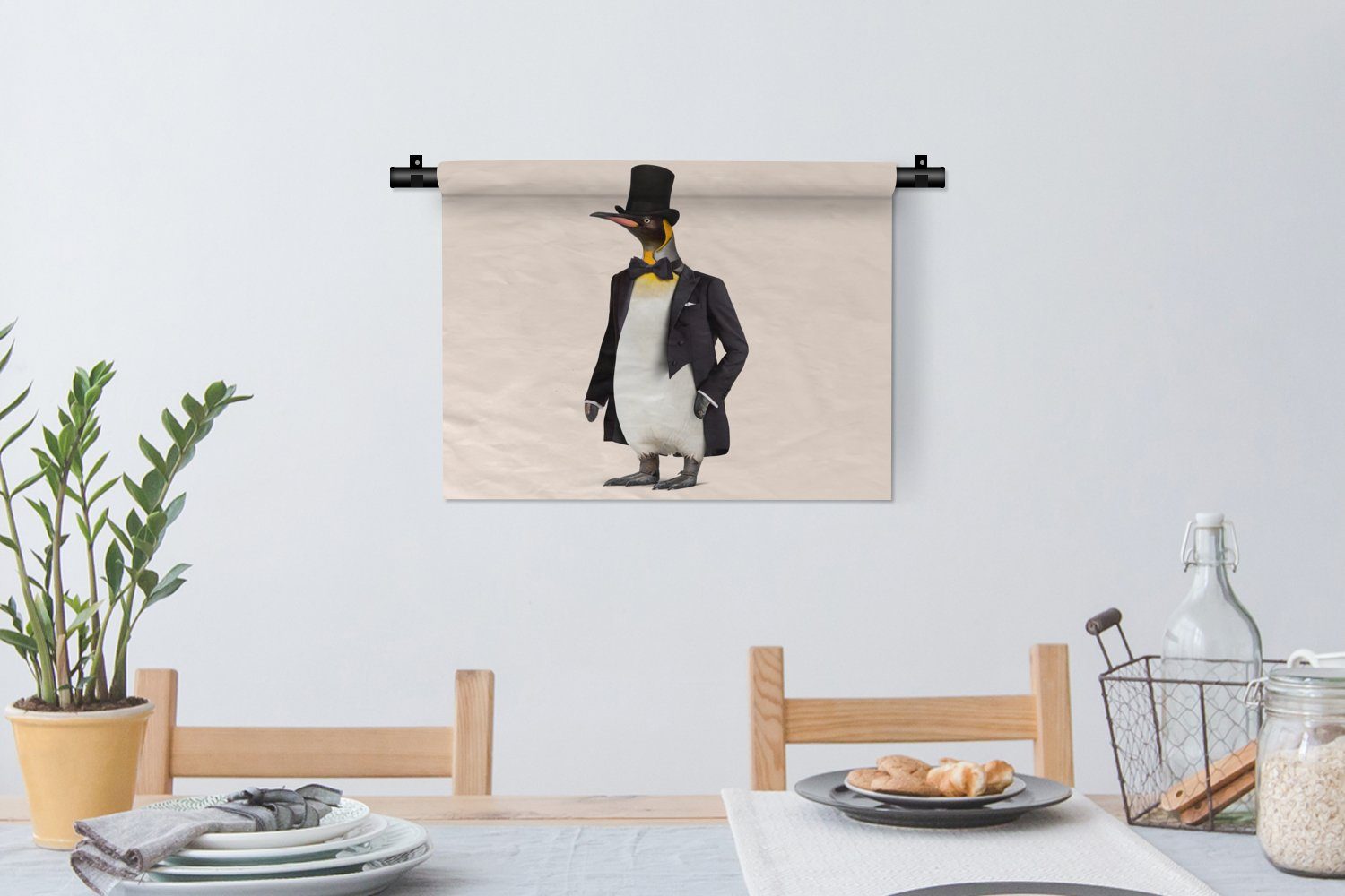 Wanddekoobjekt Wohnzimmer, Kinderzimmer Pinguin - - Hut Tier Kleid, MuchoWow Wanddeko für - - Schwarz, Schlafzimmer, Wandbehang, Colbert