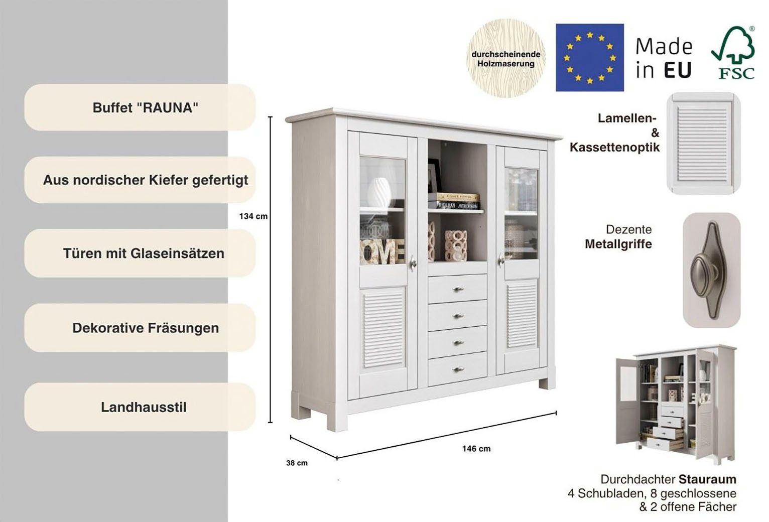 OTTO home Buffet Rauna Highboard, massive Kiefer, Türen mit Glaseinsätzen, B/H 146/134 cm