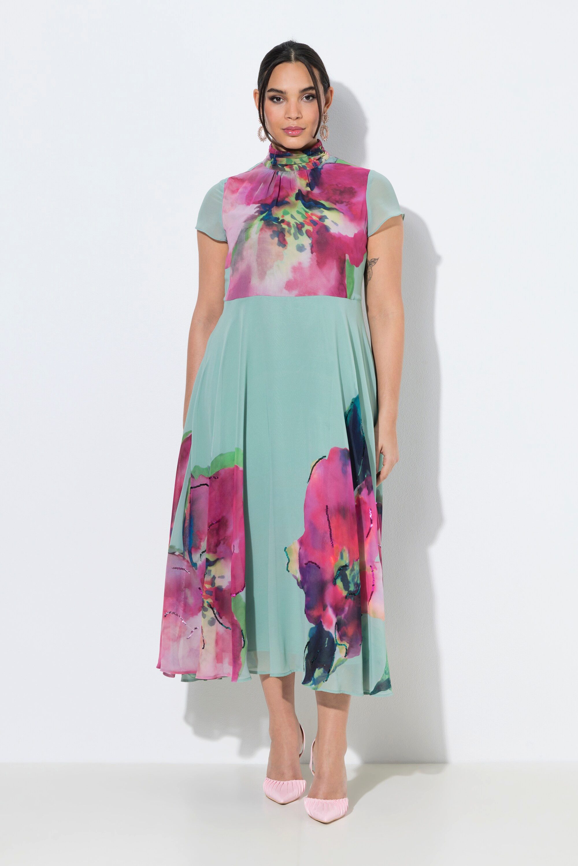 Ulla Popken Midikleid Maxikleid Blüten Pailletten Stehkragen ärmellos günstig online kaufen