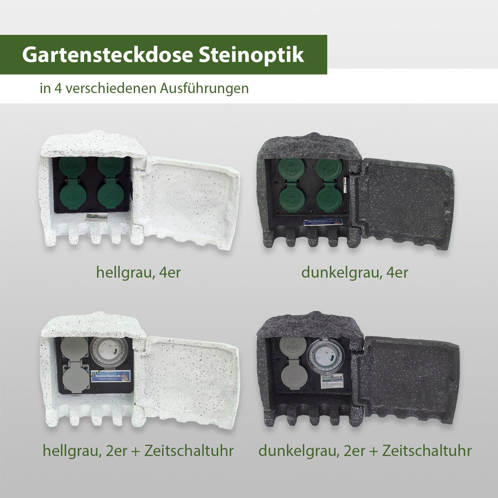 Stein Optik TRUTZHOLM Gartensteckdose Gartensteckdose Zeitschaltuhr Steckdosen, 4 1-St. 2 Steckdosen Produkt, dunkelgrau