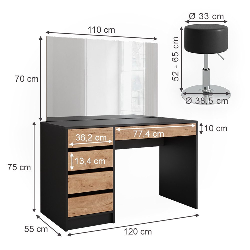 Vicco Schminktisch Sherry, Anthrazit/Goldkraft Eiche, 120 x 75 cm mit Spiegel und Hocker (3-St)