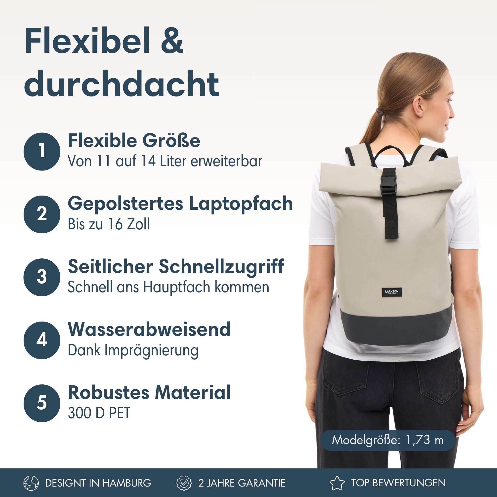 LARKSON Cityrucksack Janne Small Tagesrucksack 11-14 Liter für Damen & (1-tlg), Flexible Größe, Gepolstertes Laptopfach, Wasserabweisend