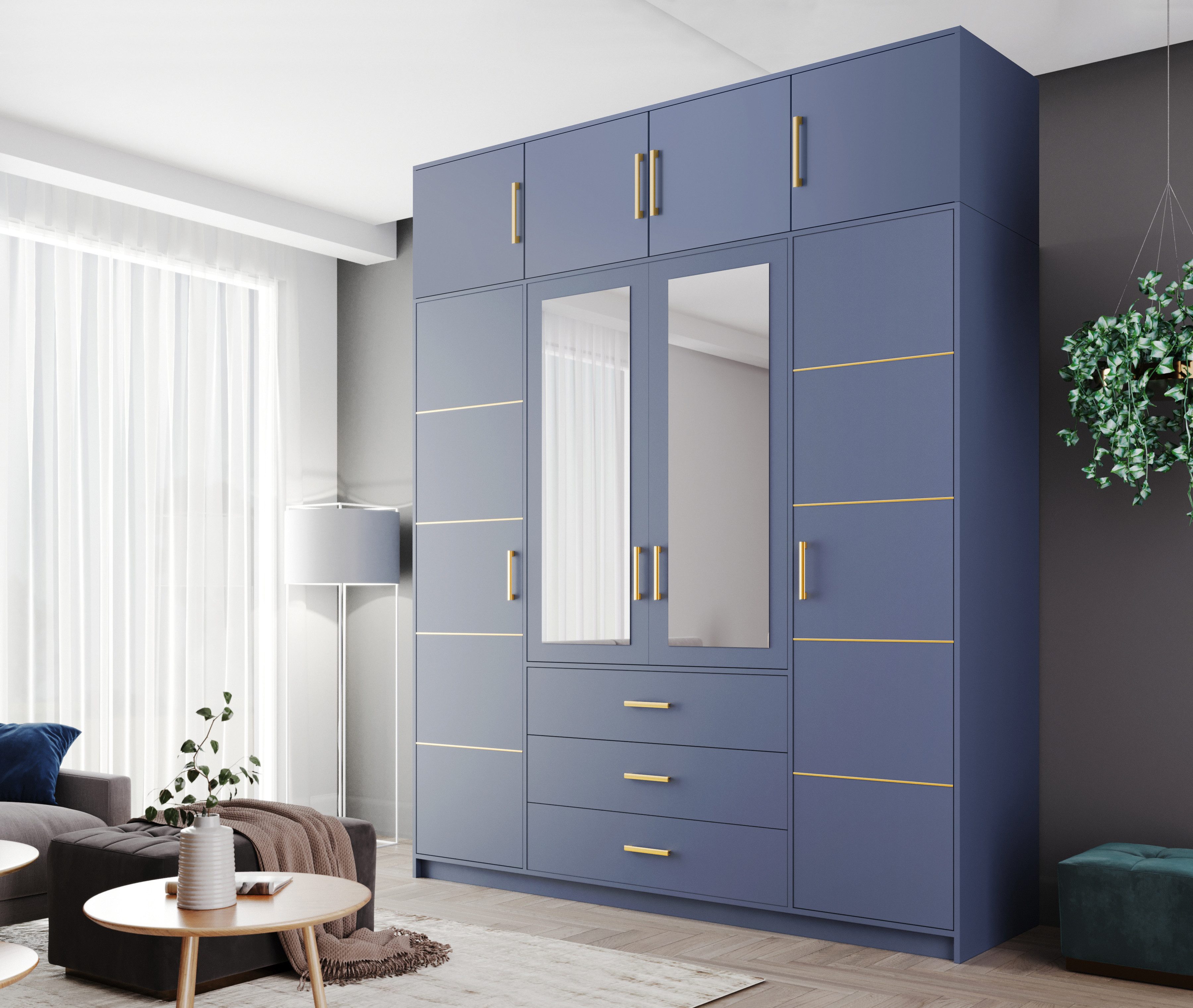 Compleo Kleiderschrank mit 4 Türen und Spiegel, Garderobe mit 3 Schubladen ALEX II Gold griffe – Bild 2 von 4