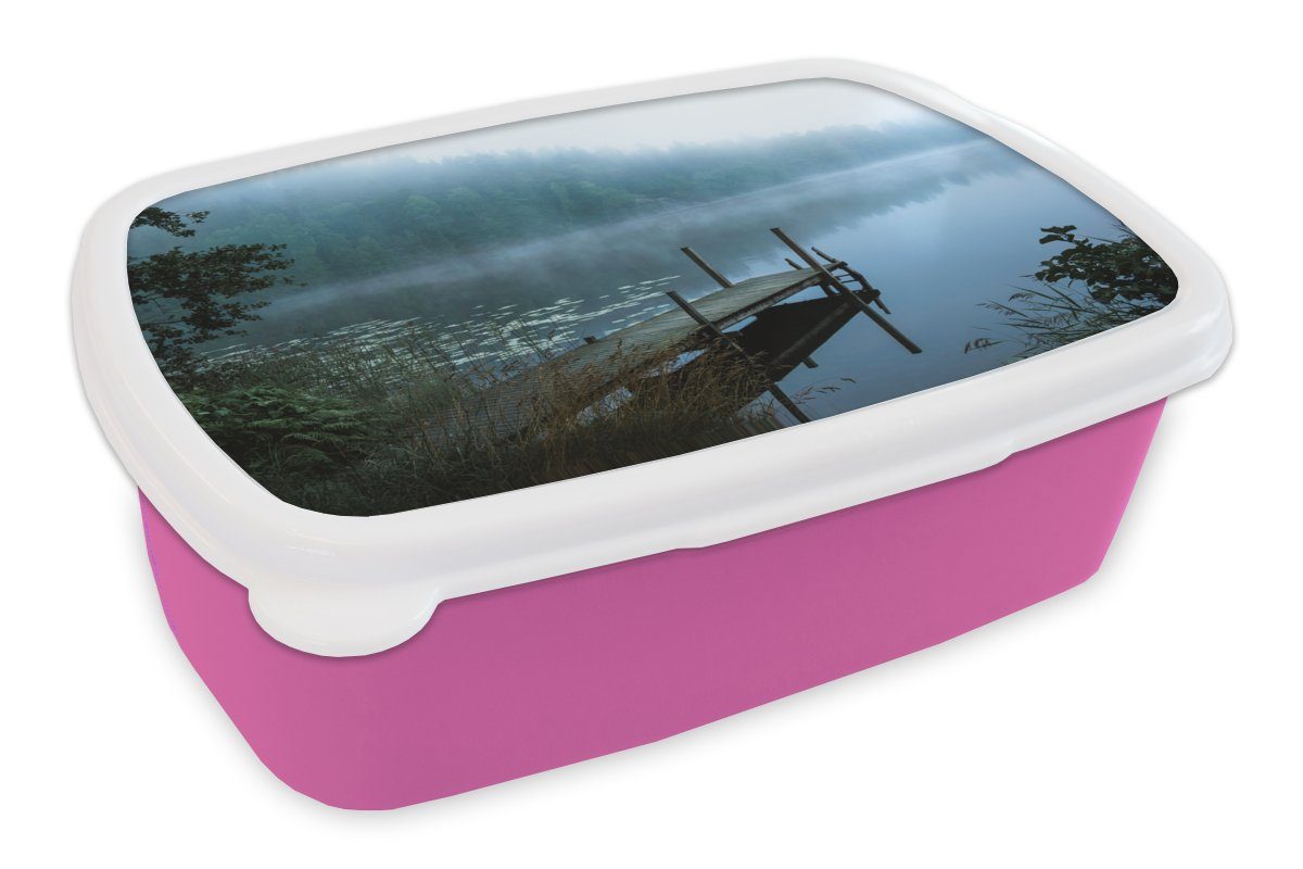 MuchoWow Lunchbox Natur - See - Wald - Nebel, Kunststoff, (2-tlg), Brotbox für Erwachsene, Brotdose Kinder, Snackbox, Mädchen, Kunststoff rosa