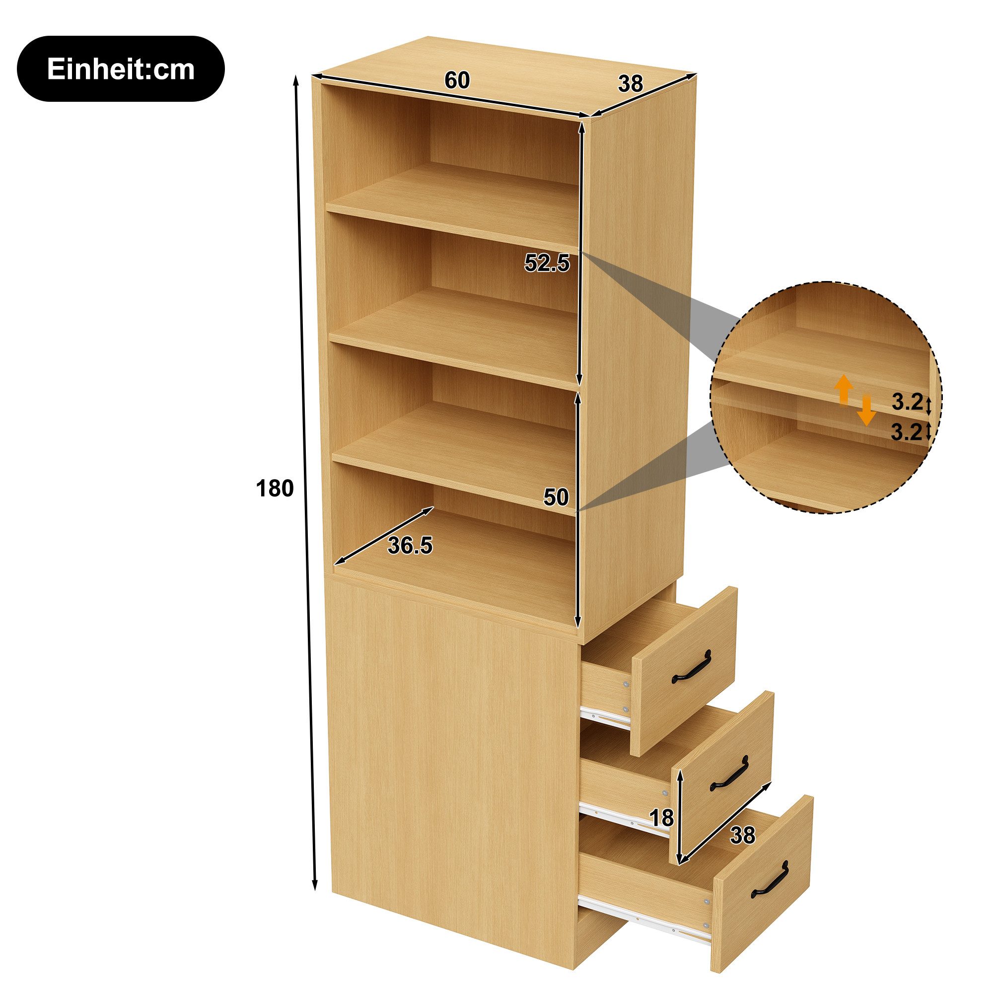 Flieks Bücherregal mit seitlichen Schubladen, links und rechts austauschbar, B60/T38/H180 cm 1-tlg., Hochschrank mit verstellbaren Einlegeböden Wohnzimmerschran – Bild 4 von 5