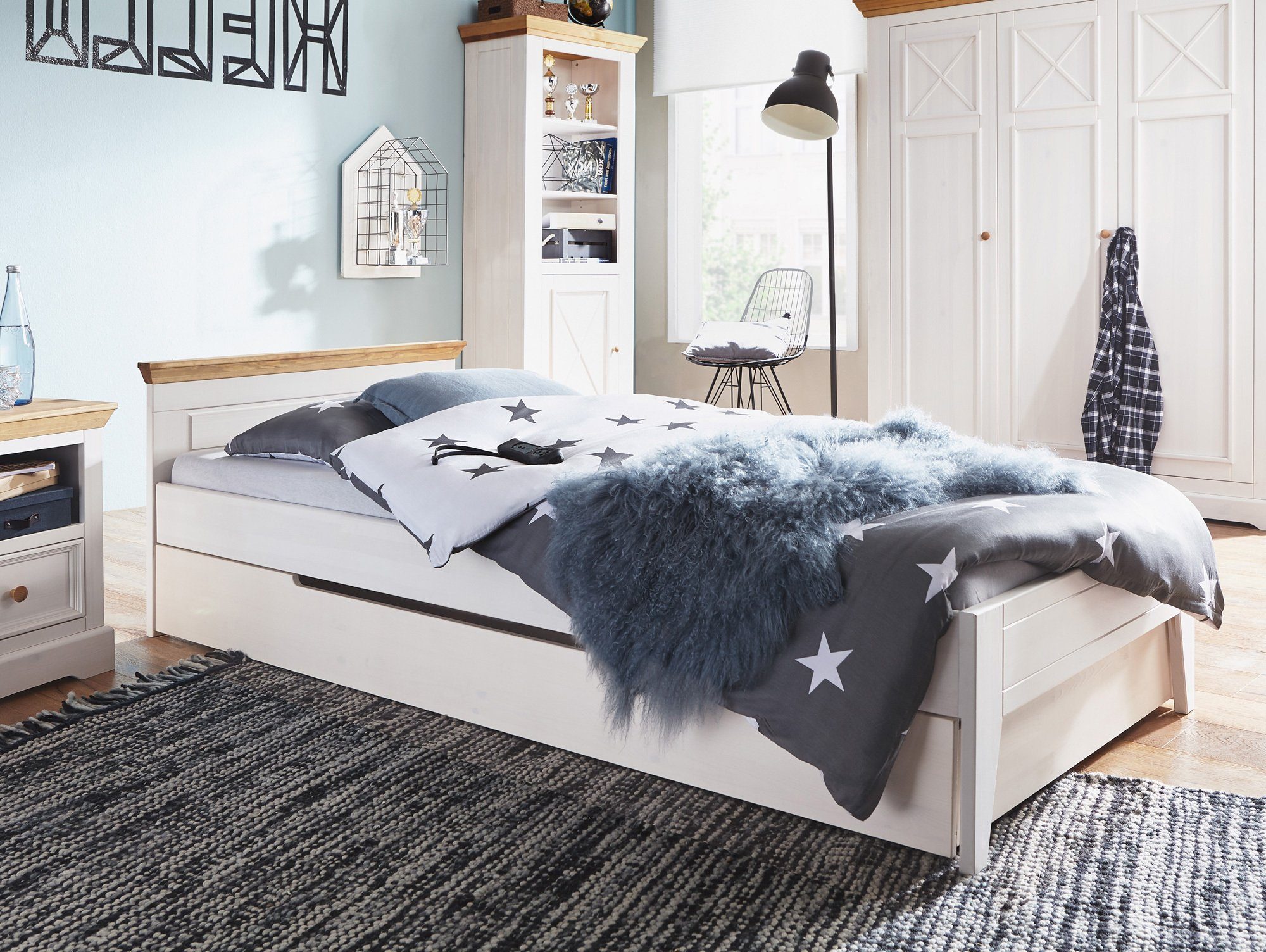 Moebel-Eins Kinderbett, CARLY Bettkasten für Jugendbett, Material Massivholz, Kiefer weiss