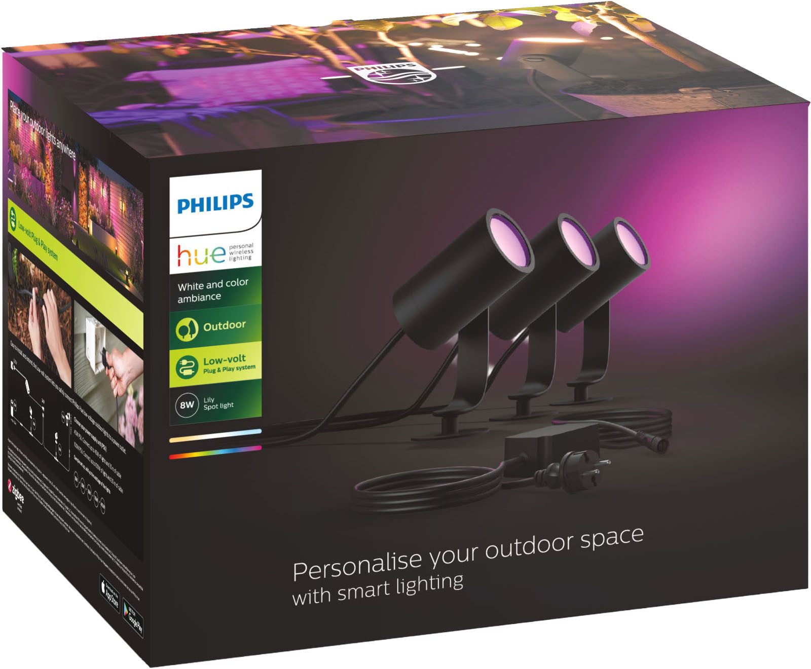 Philips Hue Smarte LED-Leuchte White & Color Ambiance Lily Spot 3 flg. schwarz Basis-Set, Abschaltautomatik, Bluetooth, CCT - über Fernbedienung, Dimmfunktion, Farbsteuerung, Farbwechsel, Leuchtdauer einstellbar, Memoryfunktion, Nachtlichtfunktion, RGB, Smart Home, Timerfunktion, dimmbar über Fernbedienung, erweiterbar, mehrere Helligkeitsstufen, LED wechselbar, RGB, Outdoor Niedervolt-System inkl. Netzteil