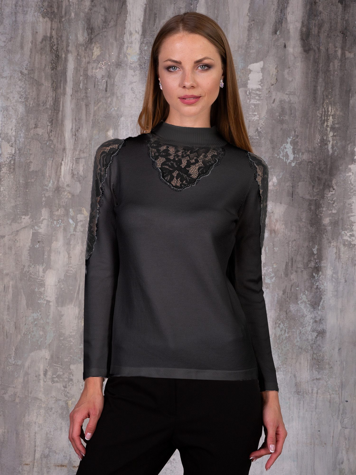 Passioni Strickpullover mit Stehkragen und Spitzendetails günstig online kaufen
