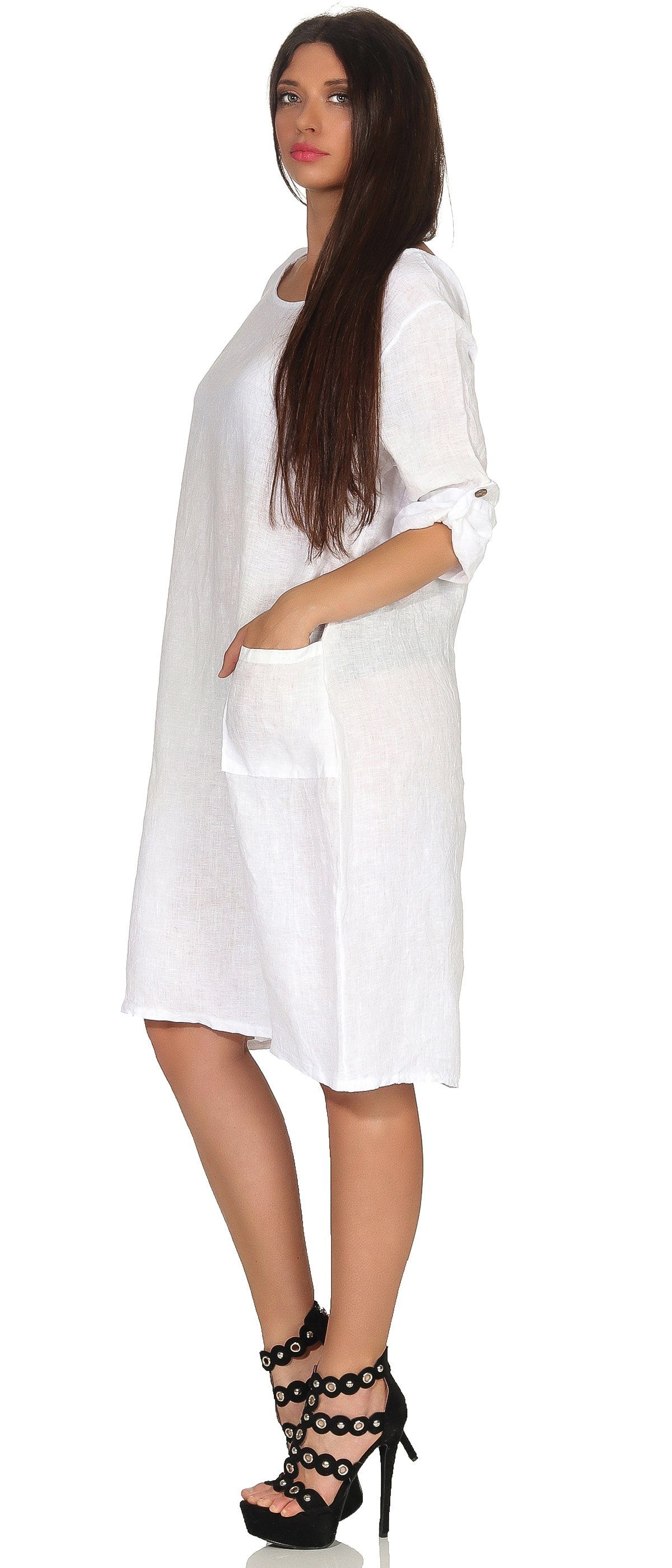 100% Weiß Damenkleid Mississhop Leinenkleid M.306 Leinen Sommerkleid