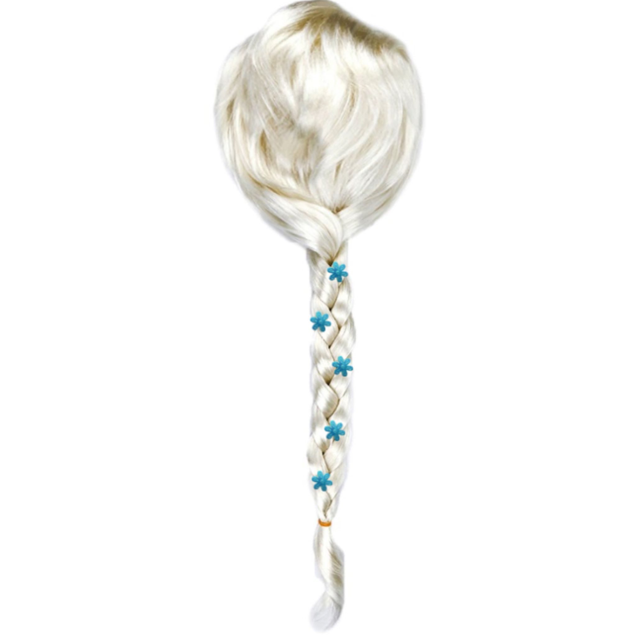 Hopki Kostüm-Perücke Blonde Elsa/Rapunzel Perücke mit Zopf, Blumen & Netz für Kinder, 73 cm