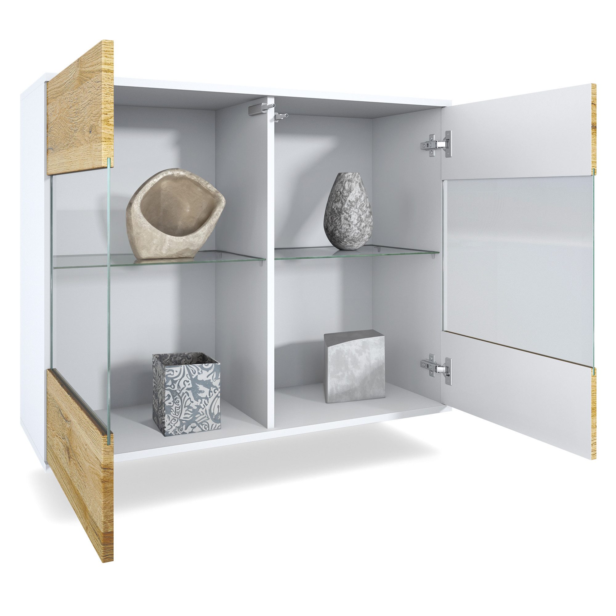 Vladon Kommode Bari V3 (Moderner Küchenschrank, mit 2 großen Glastüren inkl. RGB Beleuchtung), Weiß matt / Scratchy Metal (92,5 x 73.5 x 35)