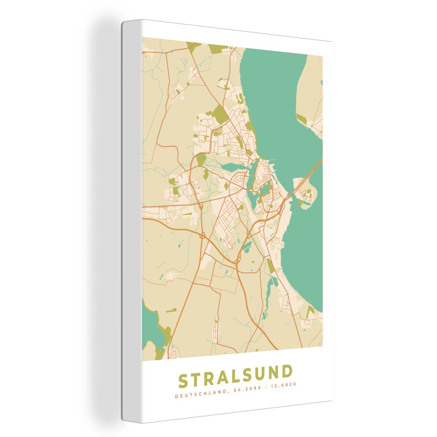 Leinwandbild - Stralsund cm 20x30 (1 Karte Gemälde, bespannt OneMillionCanvasses® fertig inkl. Vintage - Leinwandbild Zackenaufhänger, - Karte, St),