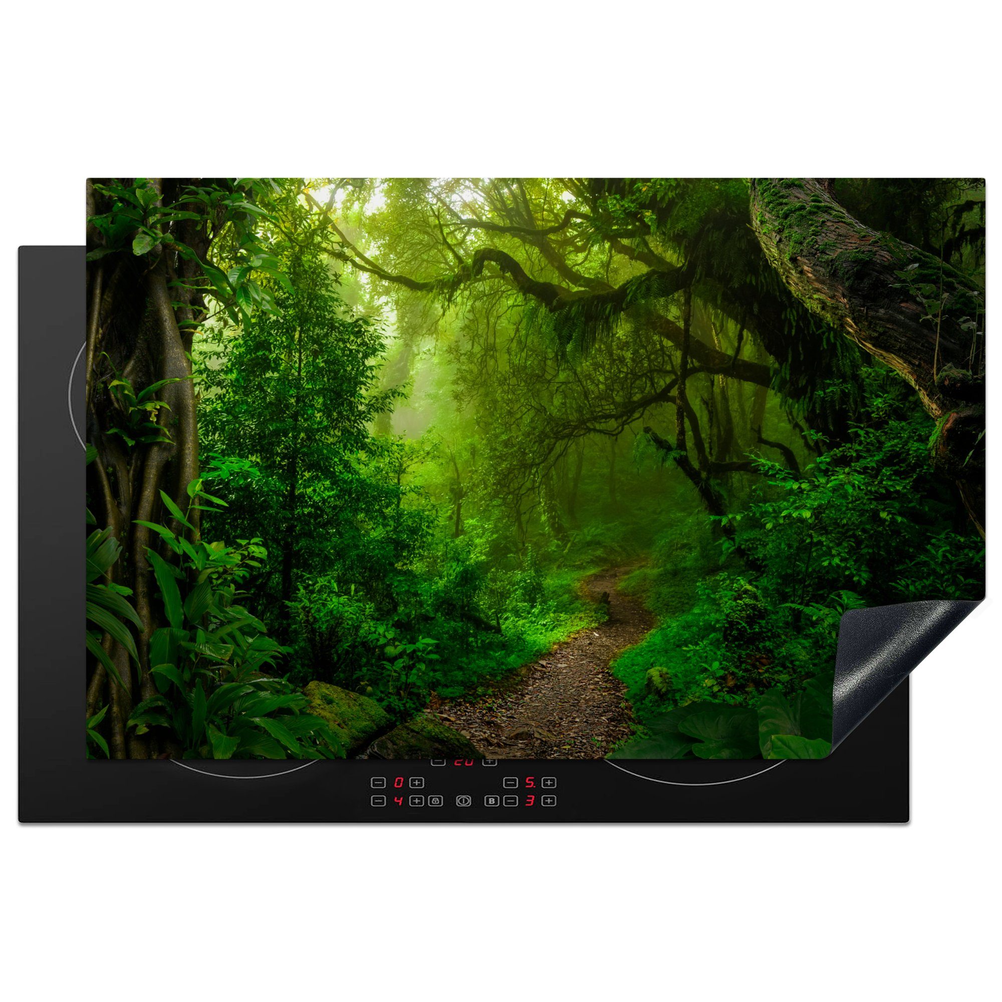 MuchoWow Herdblende-/Abdeckplatte Landschaft - Dschungel - Tropisch - Sonne - Grün, Vinyl, (1 tlg), 81x52 cm, Induktionskochfeld Schutz für die küche, Ceranfeldabdeckung