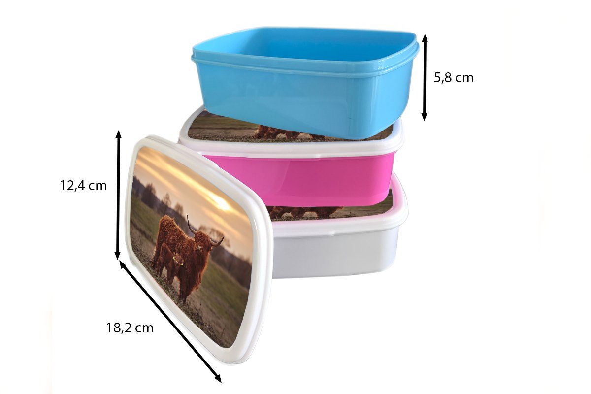 Brotbox rosa Lunchbox für Tiere - - Mädchen, Kuh, MuchoWow Kunststoff Landschaft Kunststoff, Kinder, Erwachsene, - Brotdose (2-tlg), Highlander Snackbox, Sonnenuntergang - Schottische
