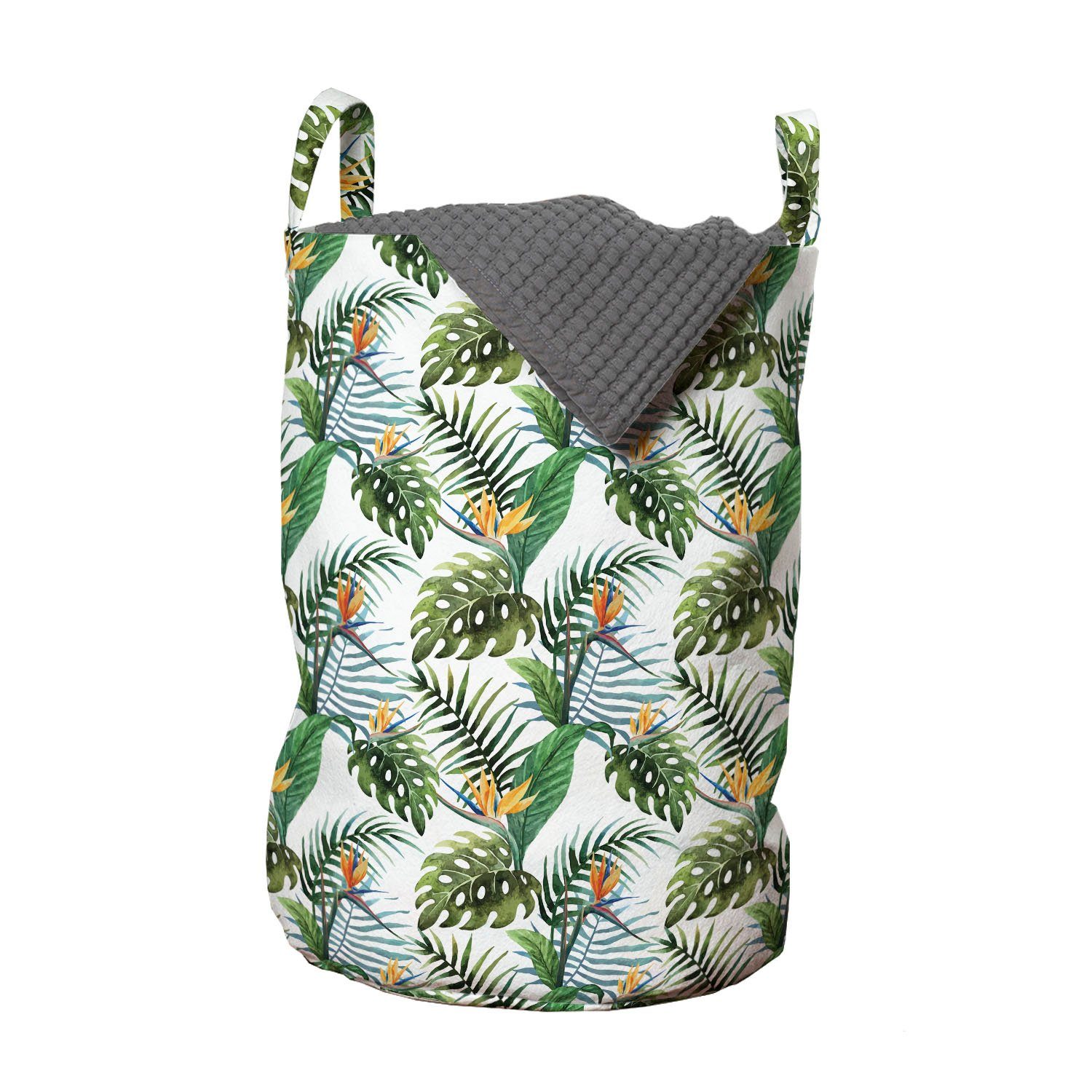 Abakuhaus Wäschesäckchen Wäschekorb mit Griffen Kordelzugverschluss für Waschsalons, Palme Blätter Paradiesvogel Blume