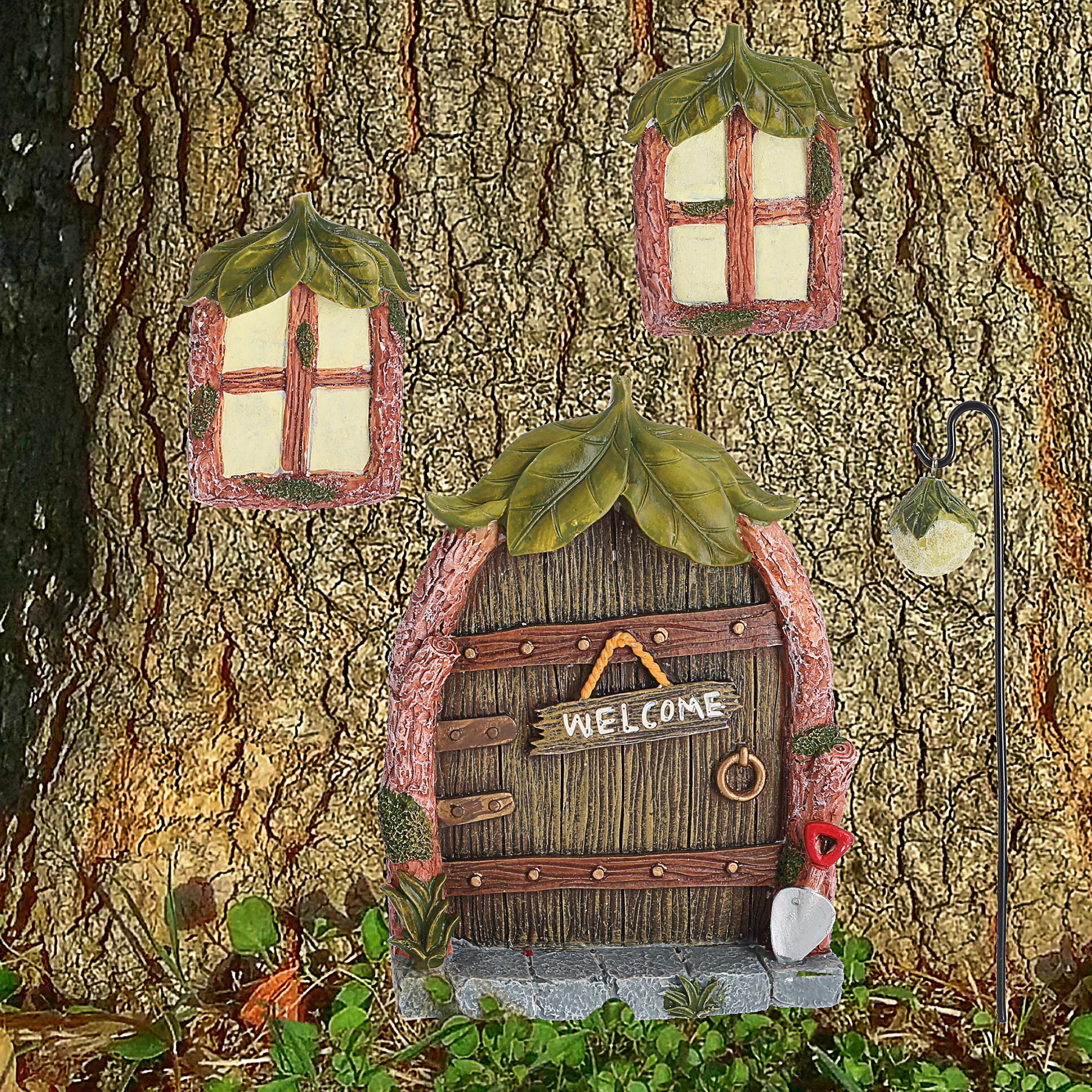 CEPEWA Gartenfigur Feentür 'Welcome' 4teilig Polyresin bunt Türe 2 Fenster Laterne
