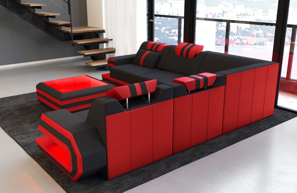 M schwarz-rot Polsterstoff mit Stoffsofa, Sofa wahlweise Design L Mikrofaser Form Hocker Couch Ragusa Ecksofa Sofa Dreams