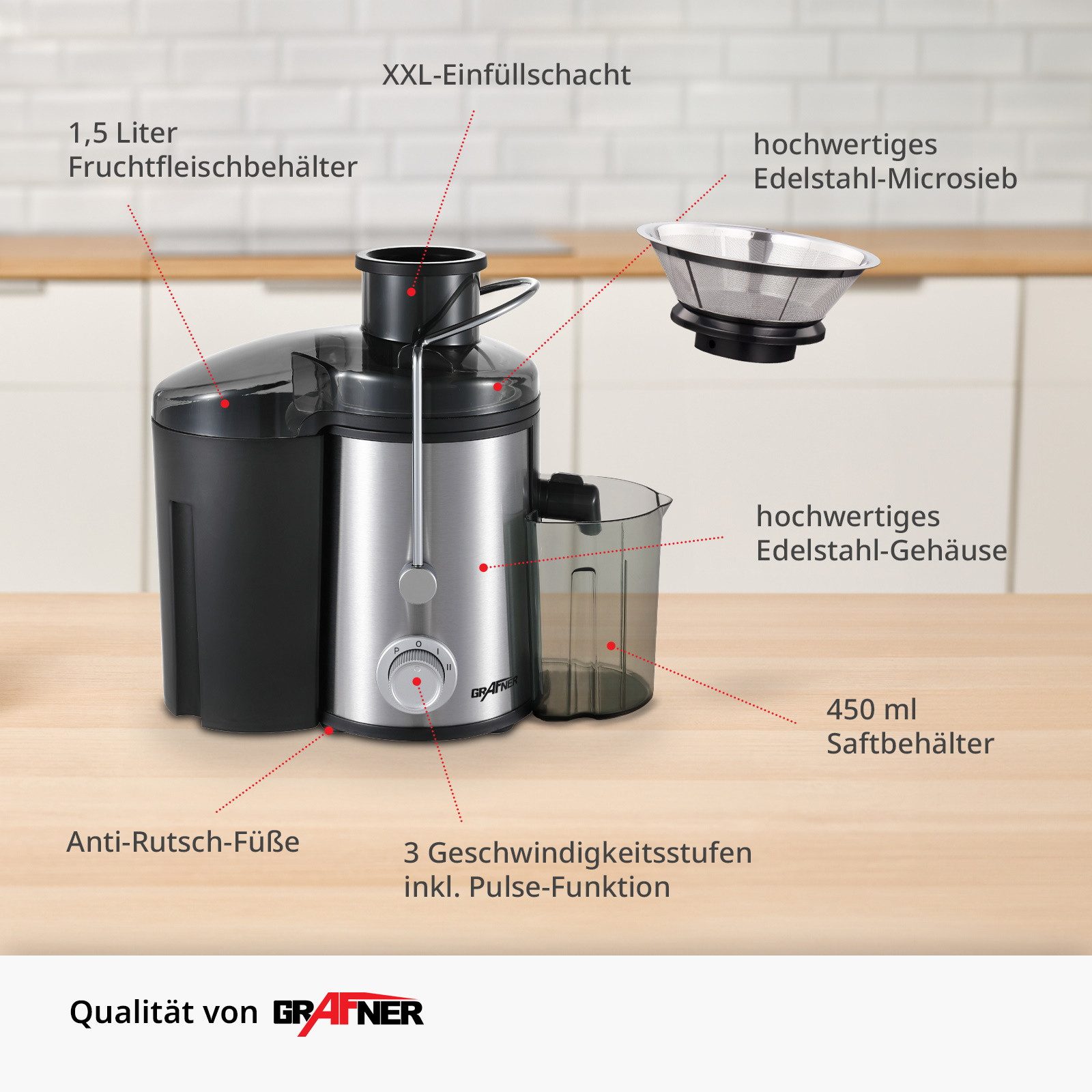 Grafner Entsafter Entsafter für Obst und Gemüse aus Edelstahl, 400,00 W, Tresterbehälter 1,5l, Saftbehälter 450ml