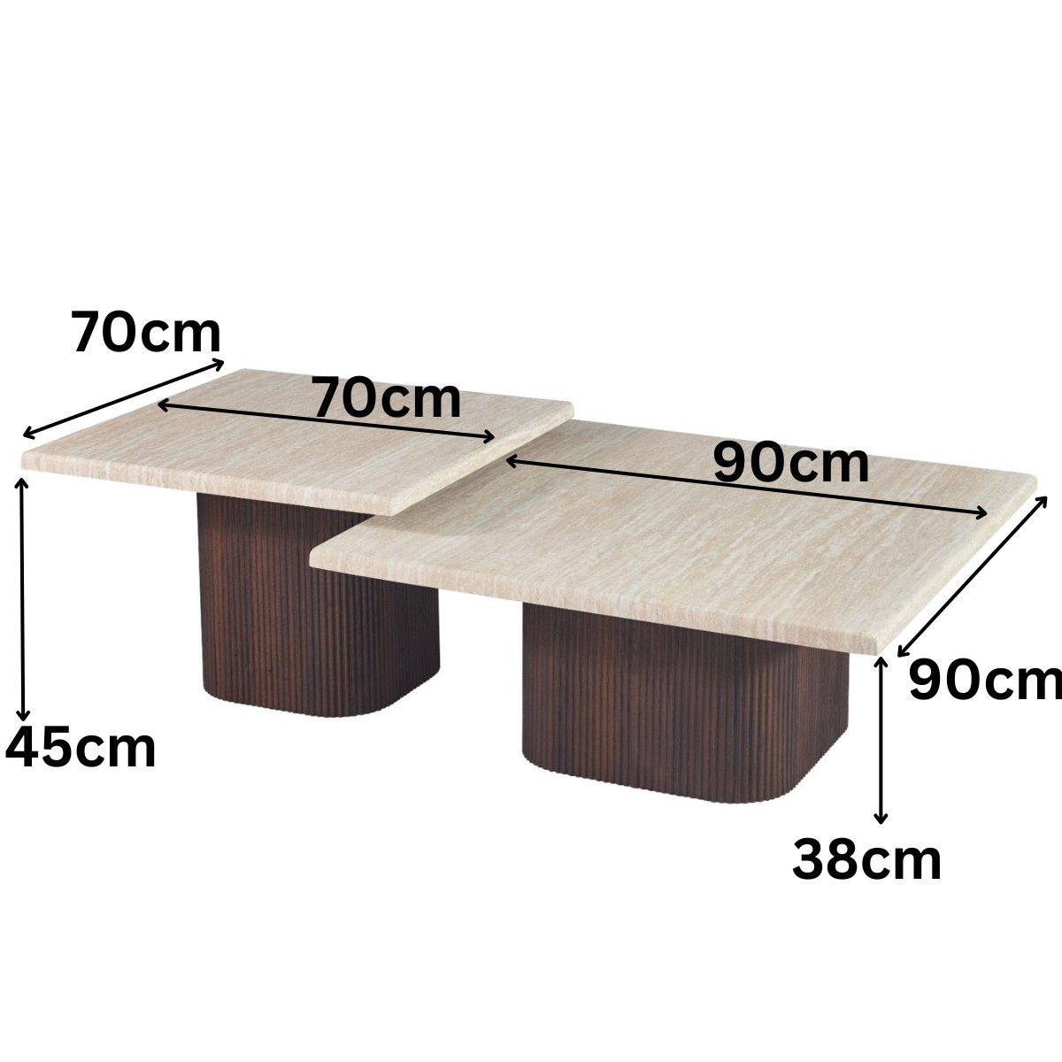 alesvelt Couchtisch Set Alviano Travertin Tischplatten mit edlem Sockel im Säulenstil 90cm (2-er Set), 90X90X38 CM + 70X70X45 CM