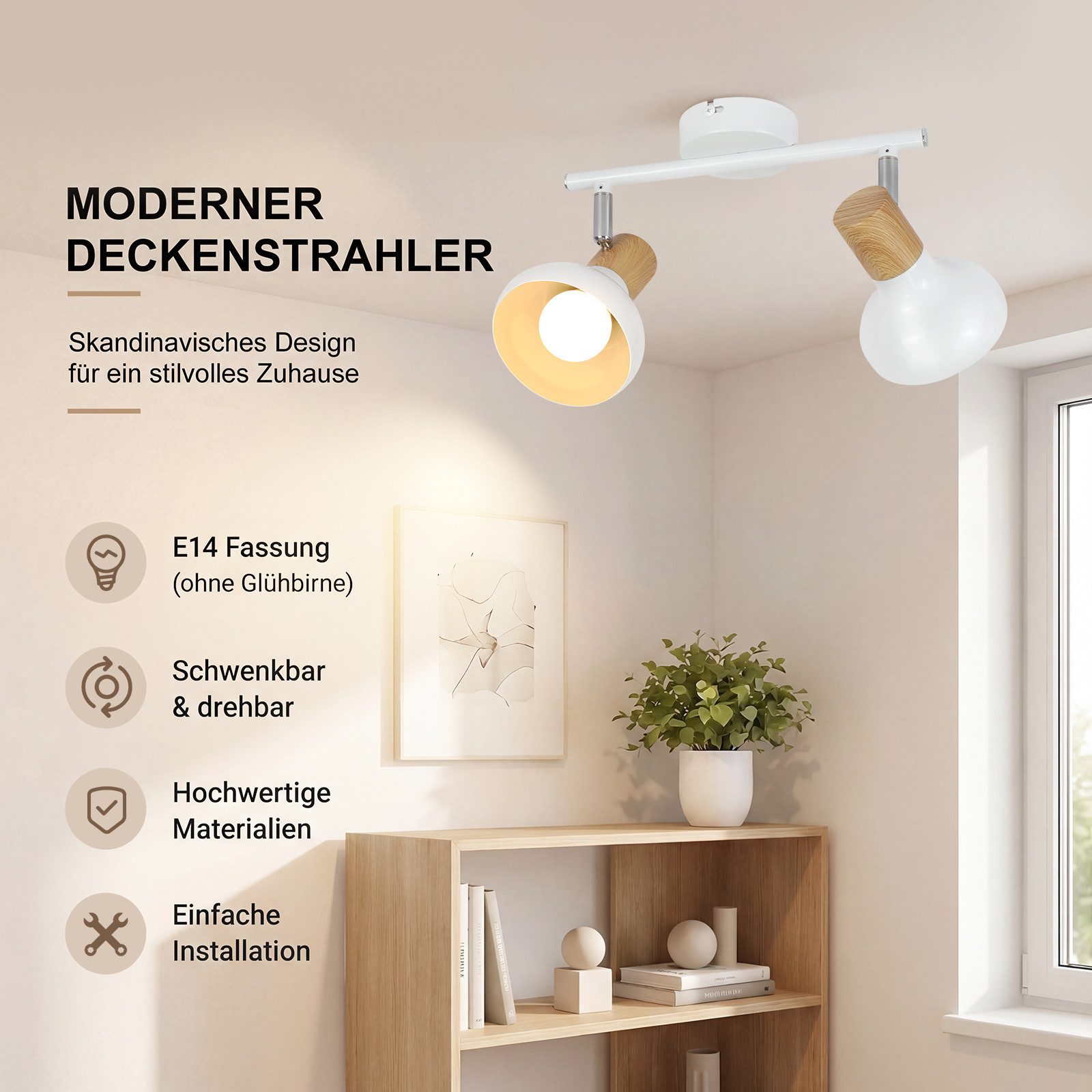 ZMH Deckenstrahler 2 Flammig E14 Vintage Weiß/Schwarz Deckenleuchte für Hotel Wohnzimmer, ohne Leuchtmittel, 350°Schwenkbar Deckenspots Schlafzimmerlampe – Bild 4 von 5