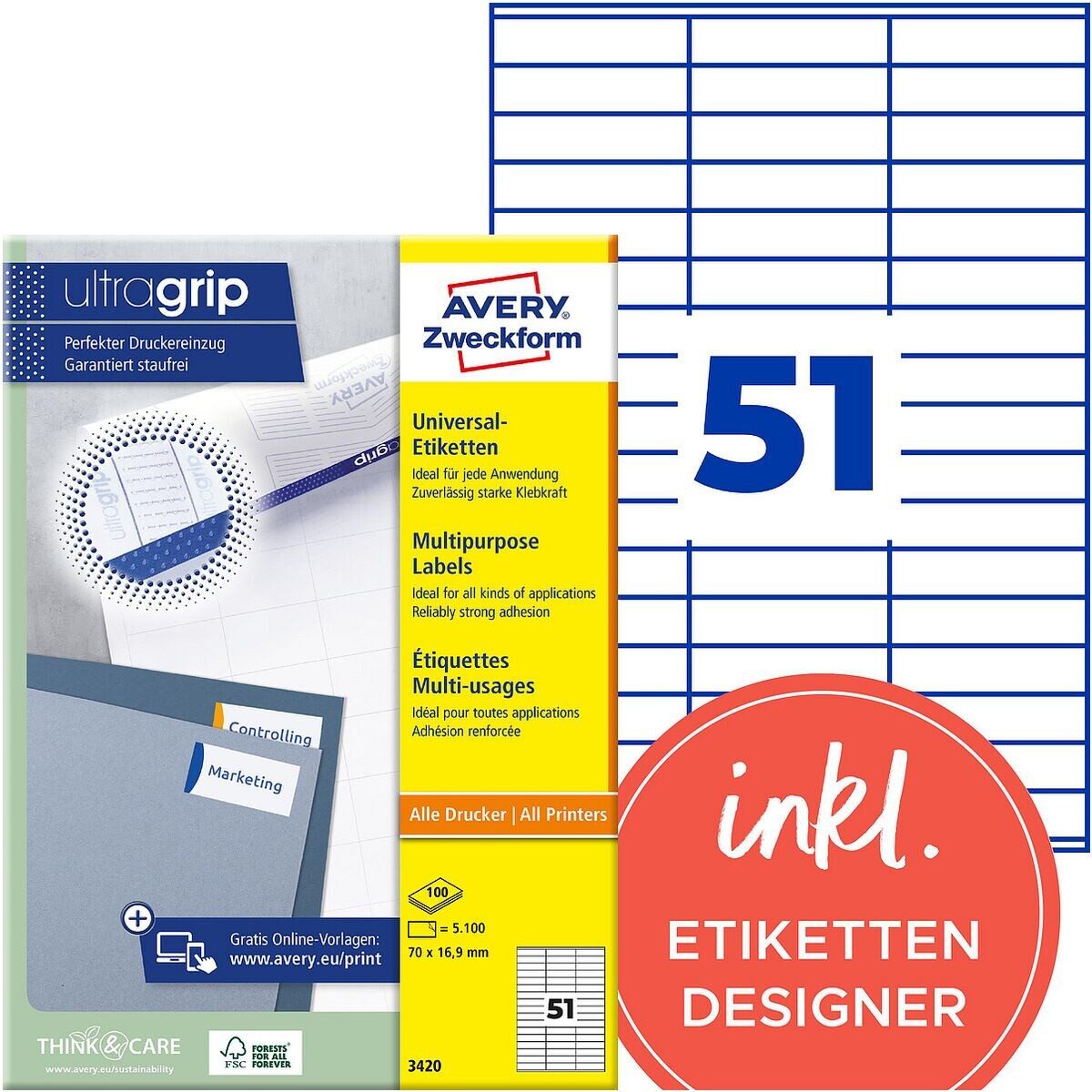 Avery Zweckform Etiketten 3420, 5100 Stück, Adresse universal (70x16,9 mm), selbstklebend