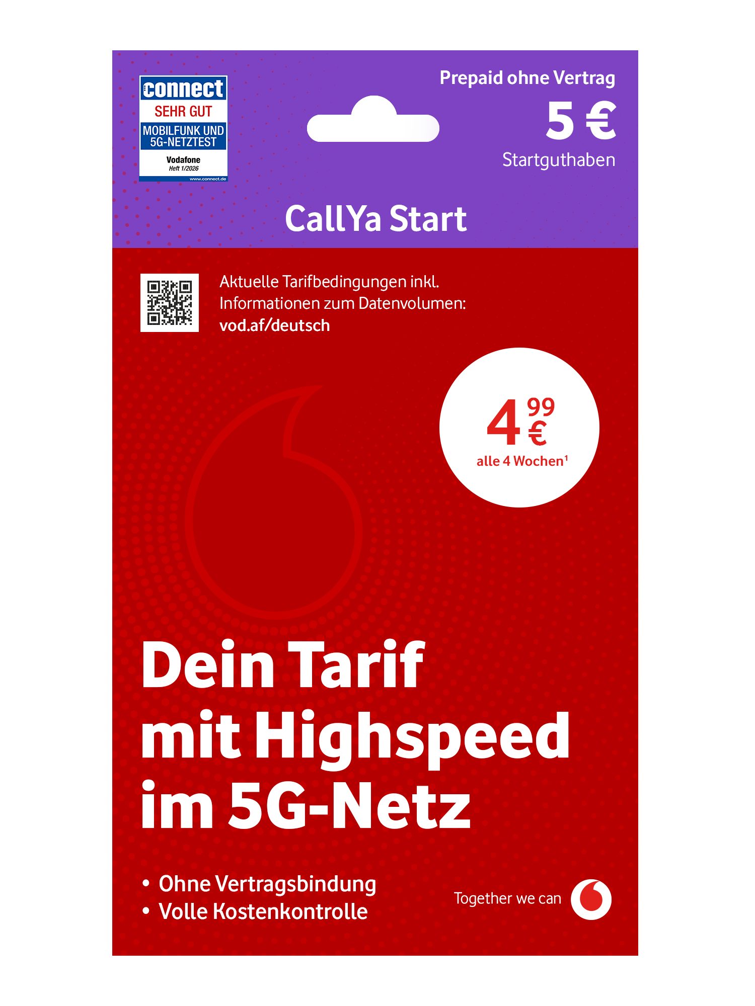 Vodafone CallYa Start Prepaidkarte, (2 GB, 5 EUR Startguthaben, ohne Vertrag, 5G-Netz, Allnet-Flat)