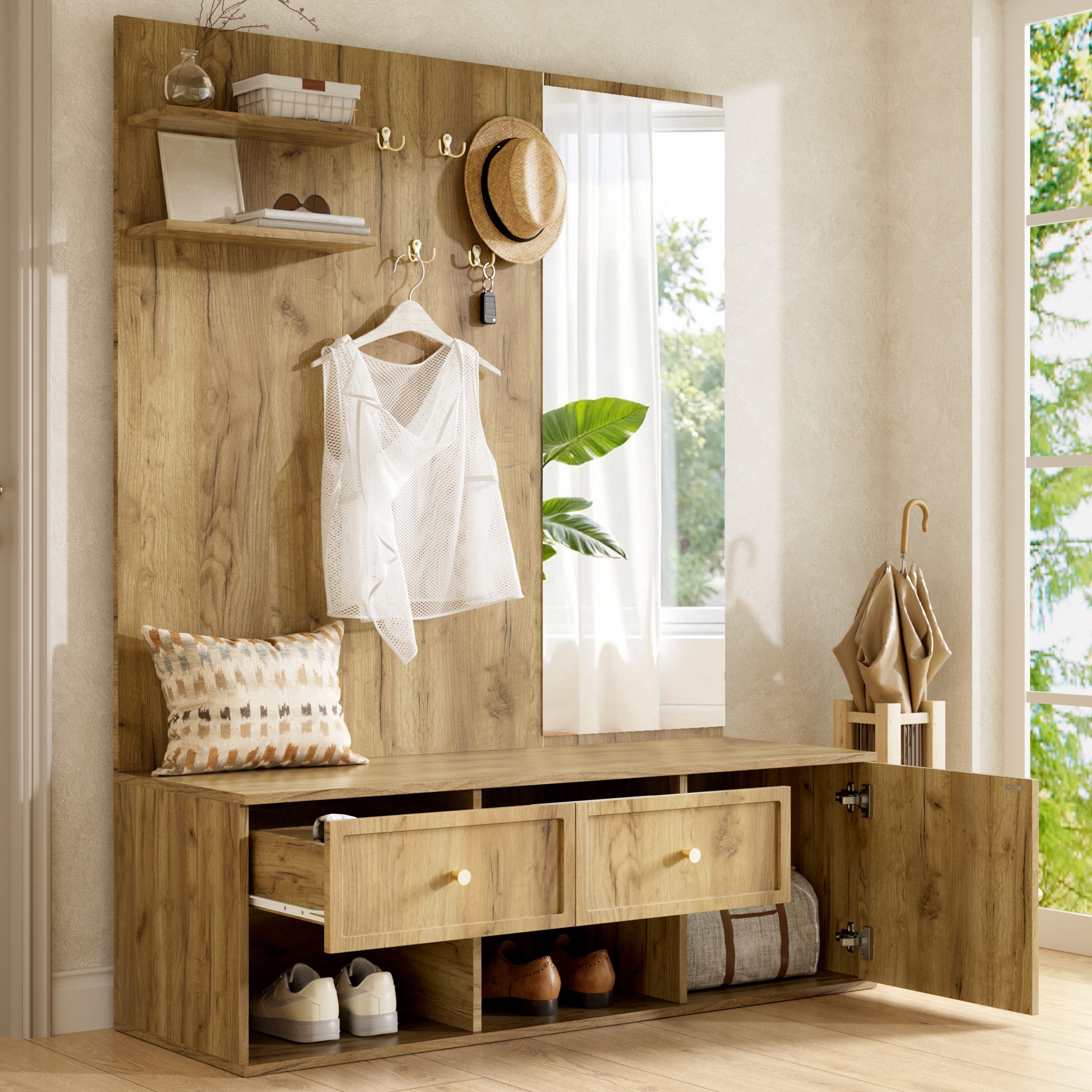 Flieks Garderoben-Set Wandgarderobe mit Schubladen, Schuhregal, Sitzbank, 5 Haken, Spiegel, (B120xT35xH159 cm), Kompaktgarderobe Flurschrank Einganschrank Flurmöbel-Set Holzoptik