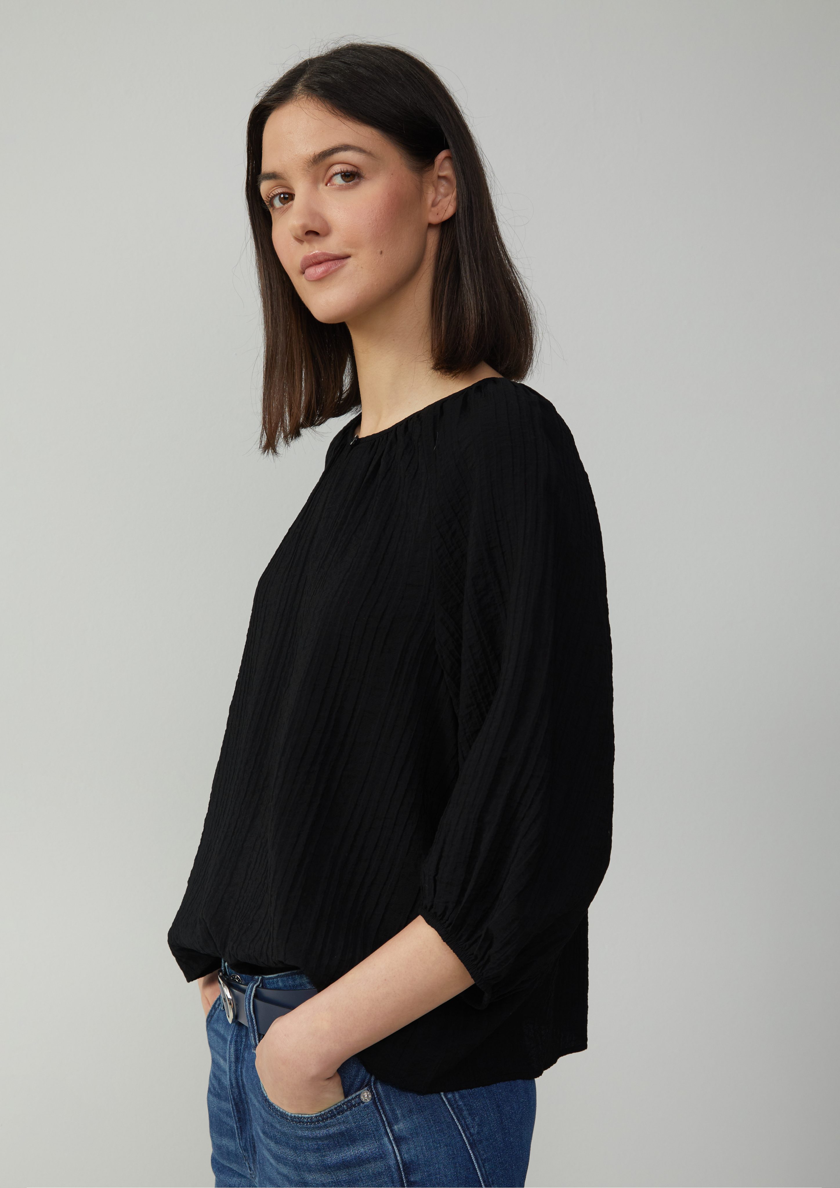 Langarmbluse Strukturierte Relaxed-Fit-Bluse mit Raffungen und Raglanärmeln