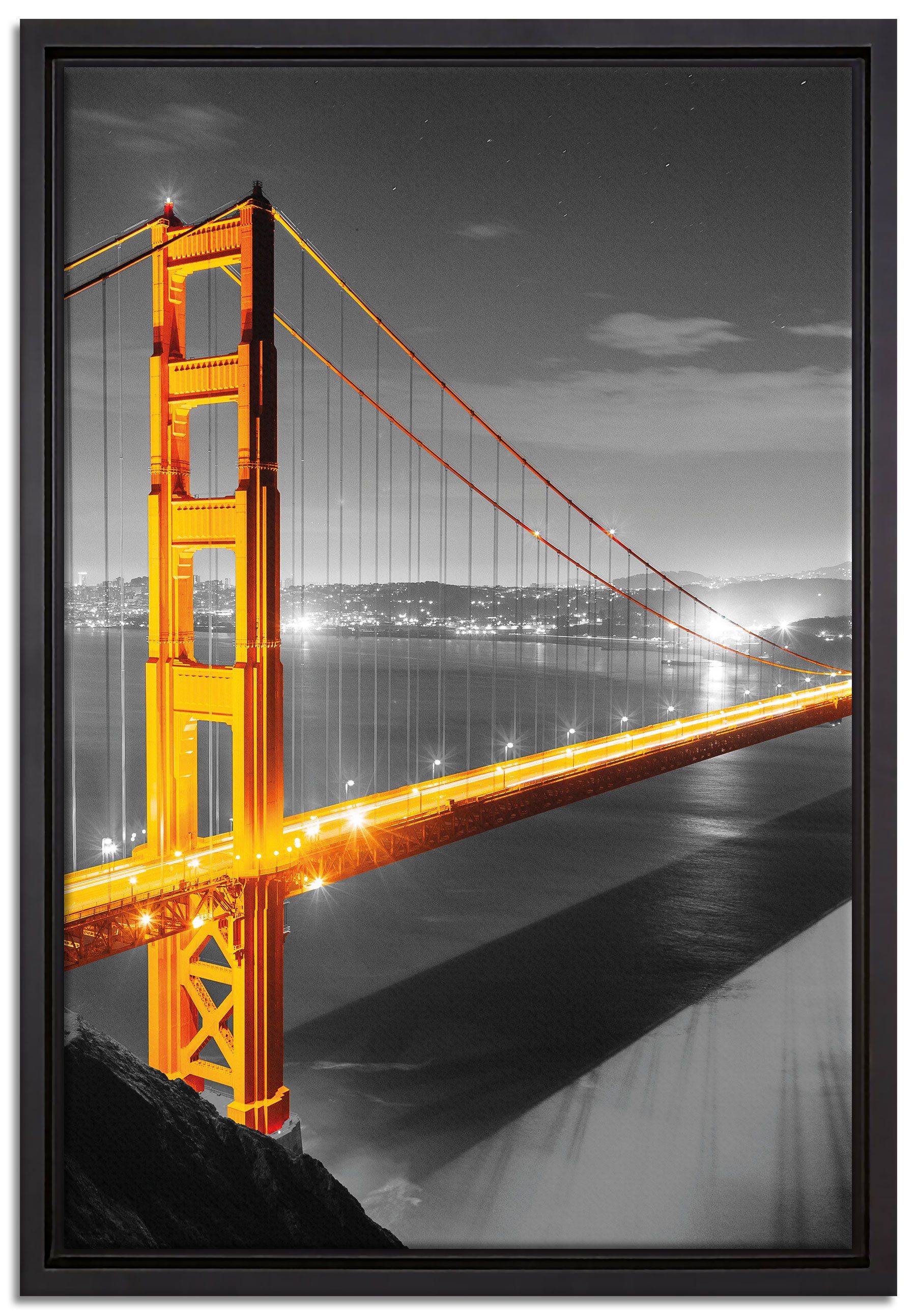 Pixxprint Leinwandbild riesige Golden Gate Bridge, Wanddekoration (1 St), Leinwandbild fertig bespannt, in einem Schattenfugen-Bilderrahmen gefasst, inkl. Zackenaufhänger