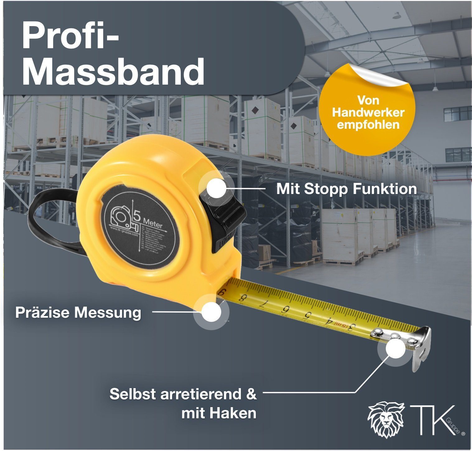 toolmate® Rollbandmaß 3x Maßband 5 Meter mit Halterung und Feststeller - Rollmassband