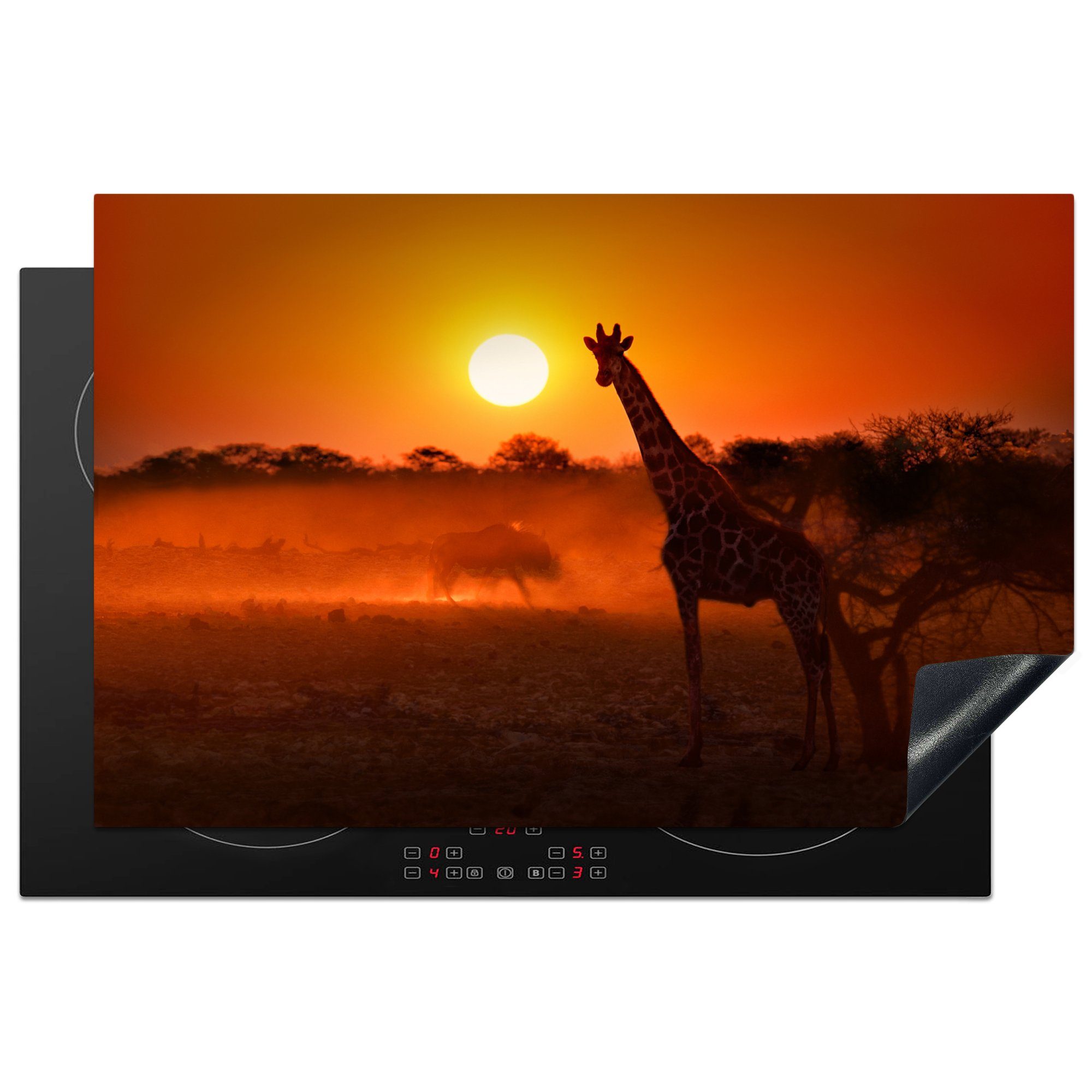 Savanne, Ceranfeldabdeckung tlg), Herdblende-/Abdeckplatte (1 81x52 - Sonne Induktionskochfeld MuchoWow die küche, Vinyl, Giraffe cm, für Schutz -