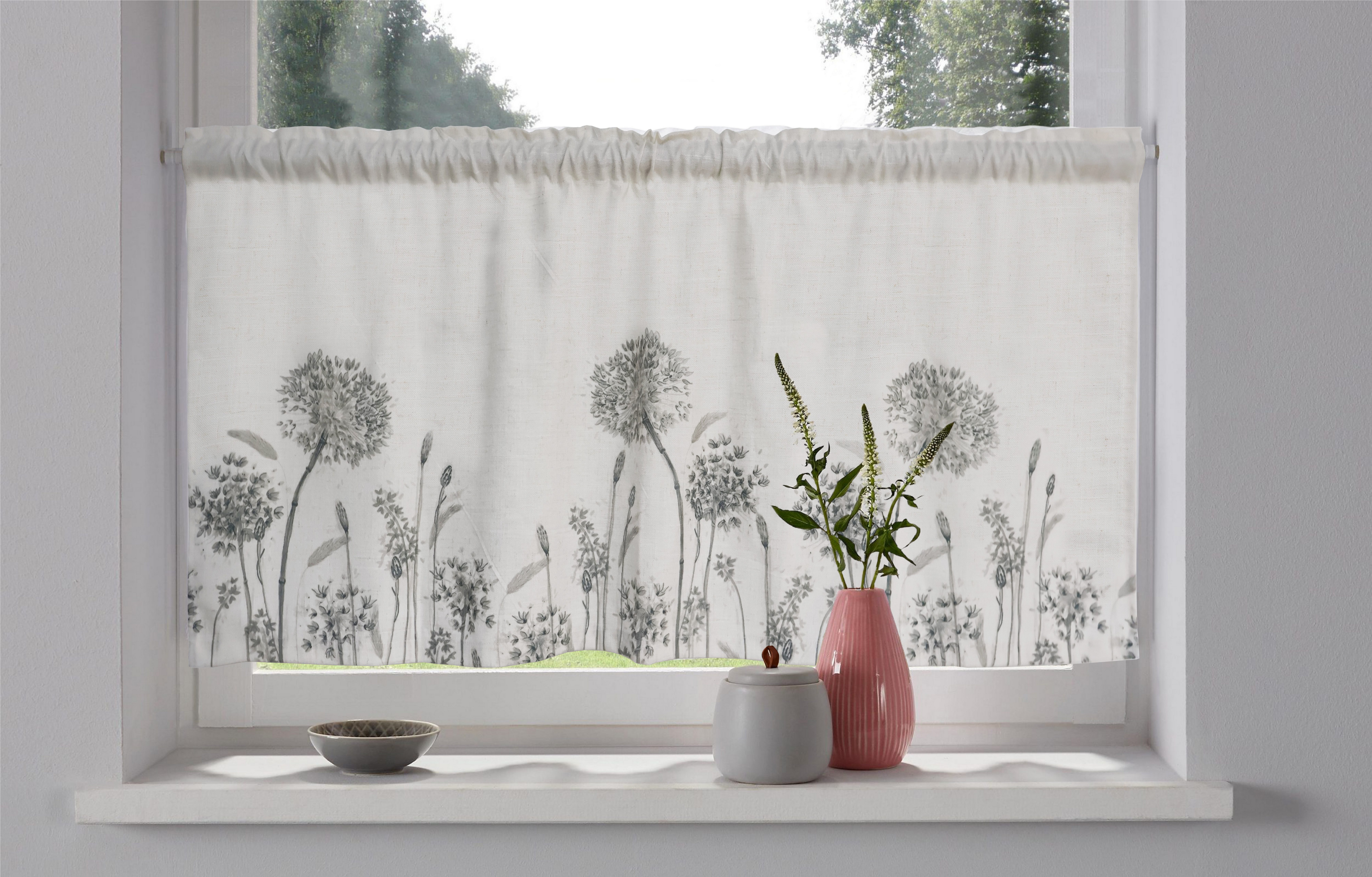 OTTO home Scheibengardine Yllner (1 St), Stangendurchzug, blickdicht, Polyester, Leinen-Look, florales Motiv, verschiedene Größen