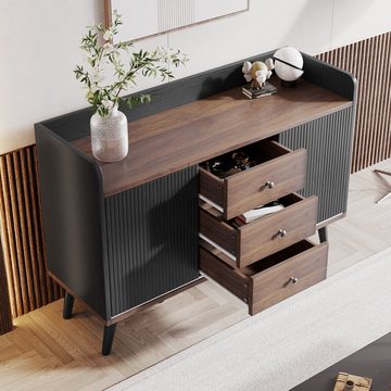 Merax Sideboard mit 3 Schubladen und 2 Schiebetüren, Kommode aus Holz mit verstellbaren Einlegeböden, Breite: 117,5cm