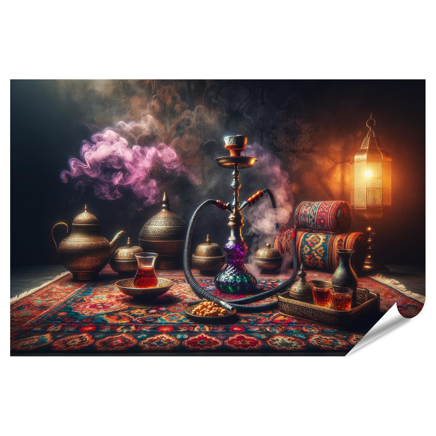 Poster Orientalische Lounge mit rauchender Shisha und traditionellem Teeset