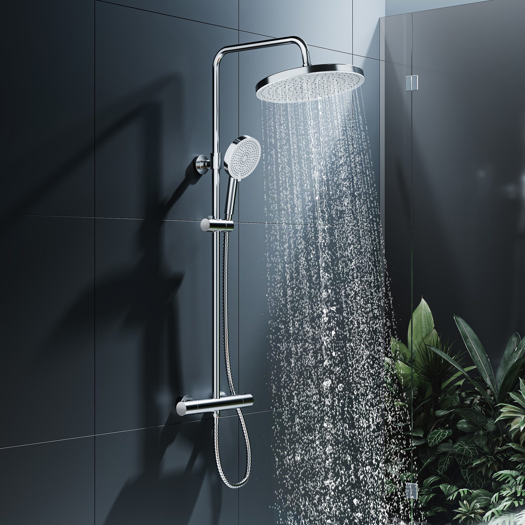 HOROW Brausegarnitur Duschsystem ohne Armatur, Regendusche Set Chrom mit Messing Ventilkern, 5 Strahlart(en), Regendusche Set, mit 5 Strahlarten Handbrause, 5 Modi Duschkopf, Höhenverstellbar, Wassersparend Duschset