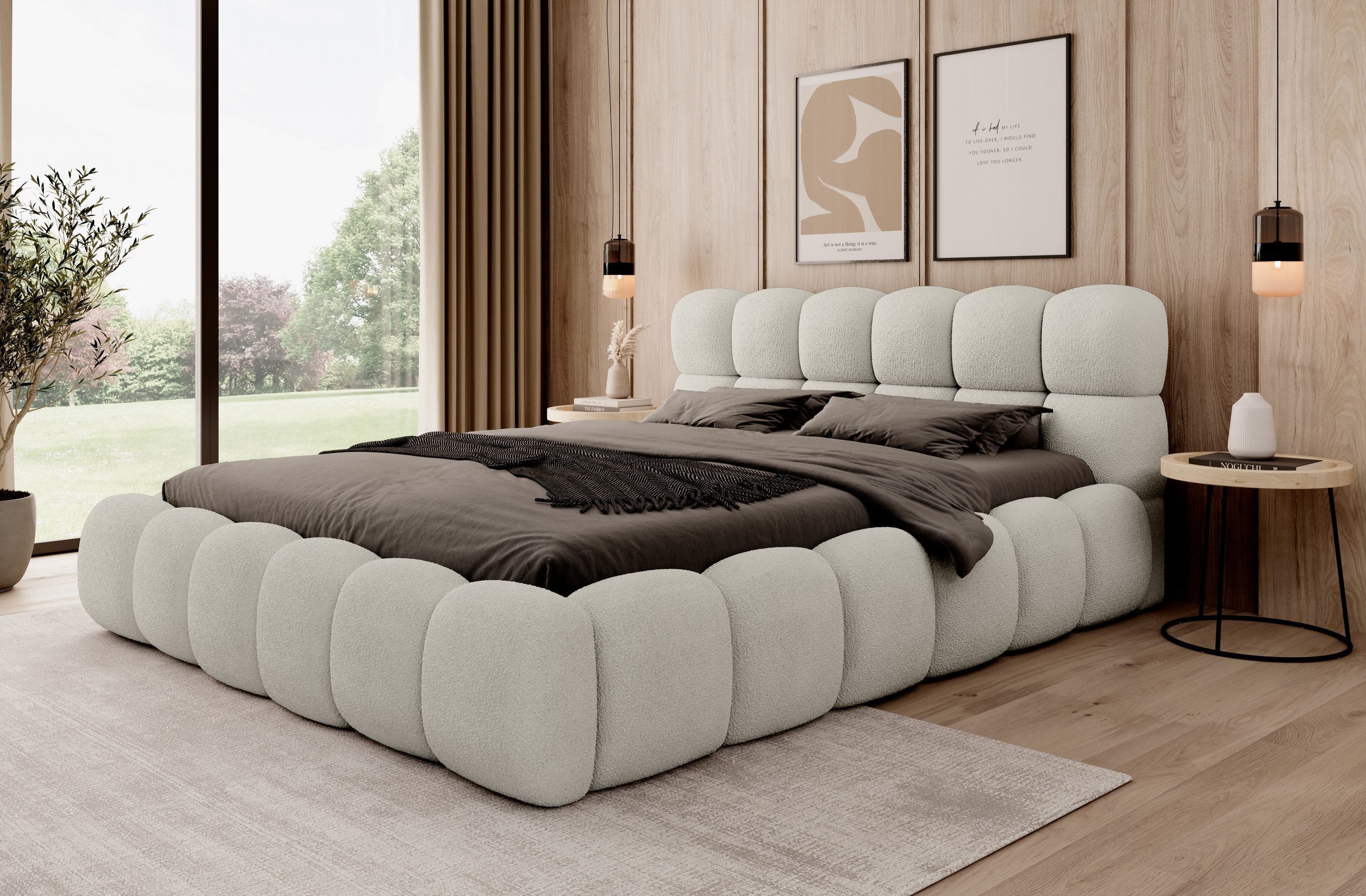 thematys Polsterbett mit Bettkasten / Stauraumbett, Bouclé 140x200 - 200x200cm (Optional mit 28 cm H3/H4 Taschenfederkern oder 23 cm Taschenfederkern-Matratze H2, Wolkenbett mit XXL Kopfteil)