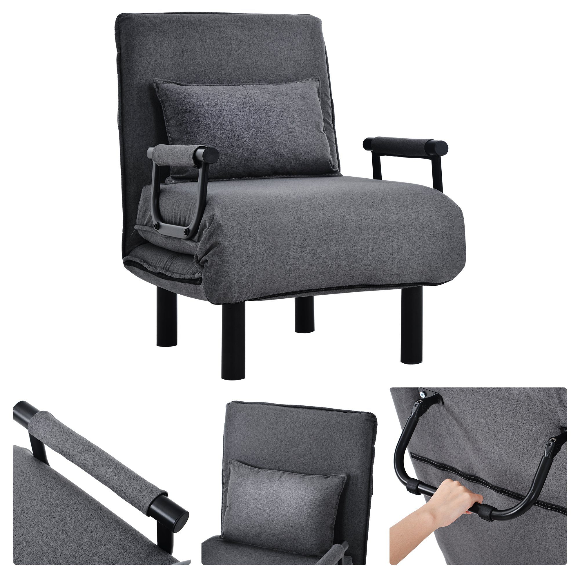 WISHDOR Schlafsofa Schlafsessel verstellbare Couch, Relaxsessel Bett Positionen 6 Stuhl Sessel Polsterstuhl Grau mit Rückenlehne