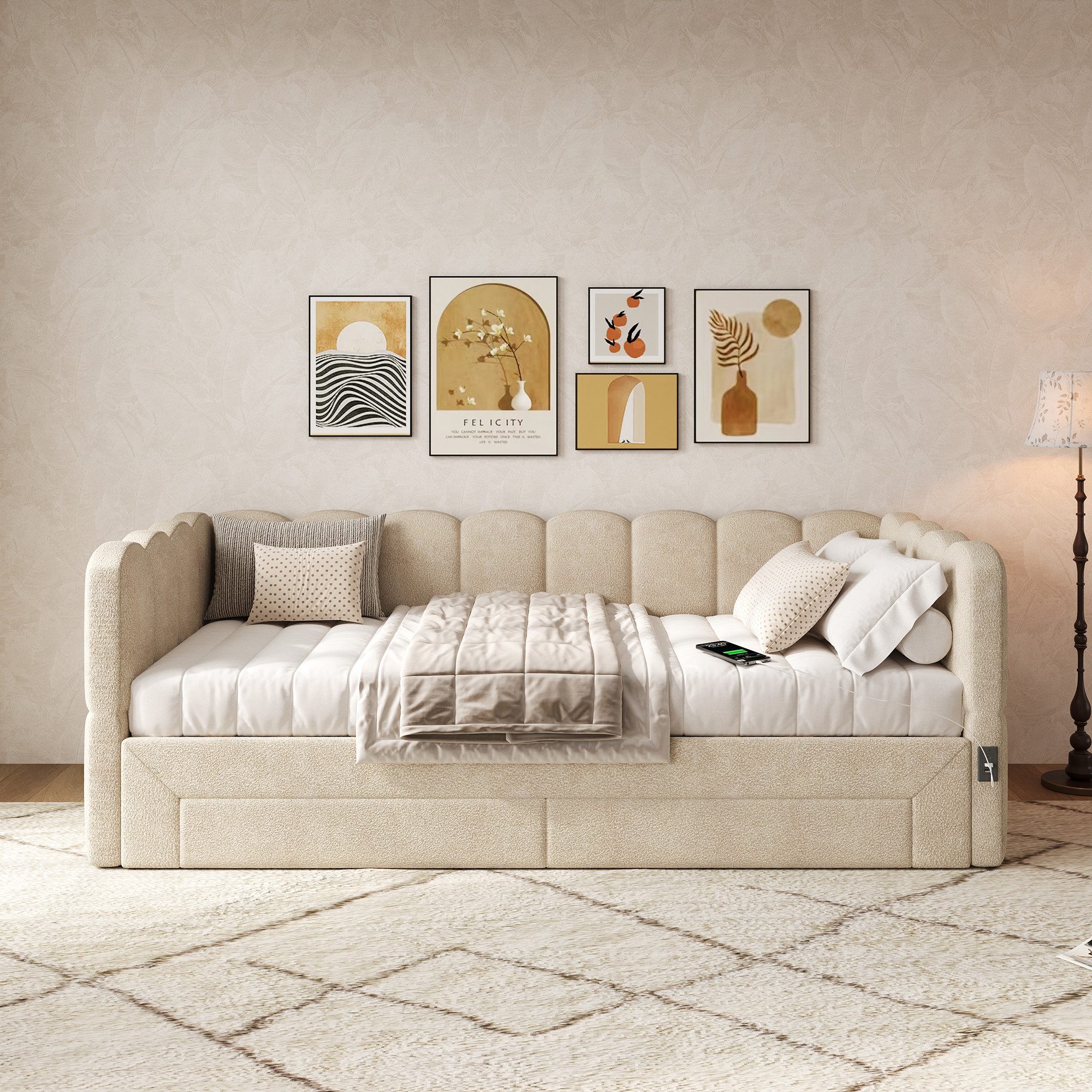 Flieks Daybett, Polsterbett Tagesbett 90/180x190cm mit Ausziehbett, 2 Schubladen, USB
