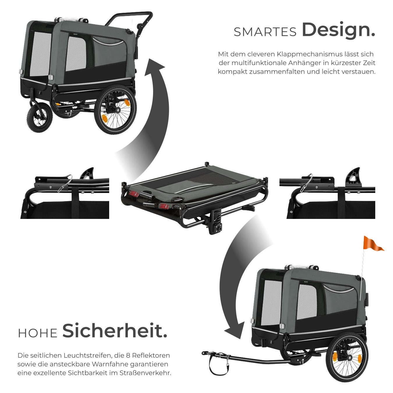 tectake Fahrradhundeanhänger Hundewagen 3in1 multifunktional mit Reflektoren, Leine und Warnfahne, mit Regenschutz, faltbar, gefedert, Belastbarkeit 40 kg, 240 Liter
