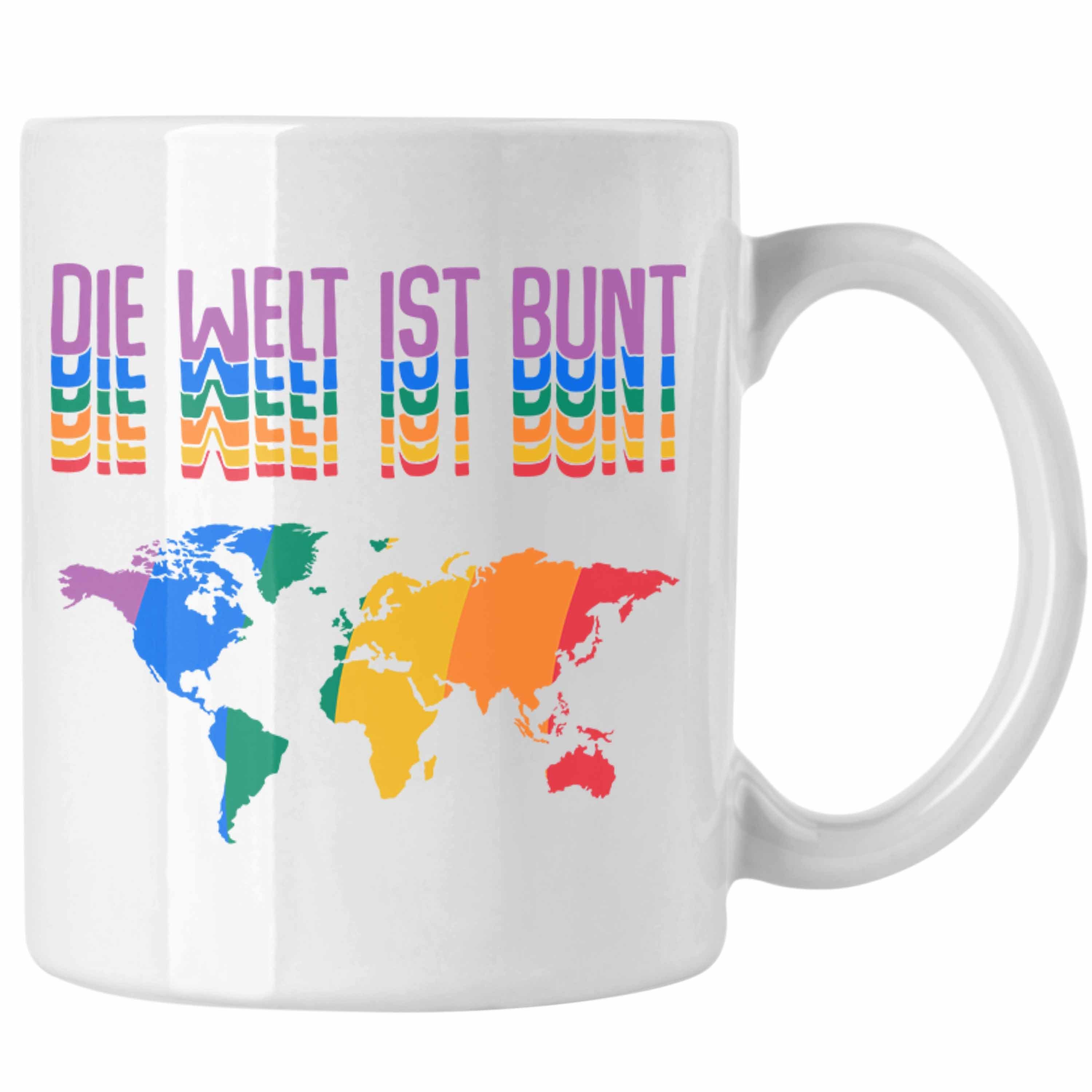 Trendation Tasse Trendation - LGBT Tasse Geschenk für Schwule Lesben Transgender Regenbogen Lustige Grafik Regenbogen Die Welt Ist Bunt Weiss