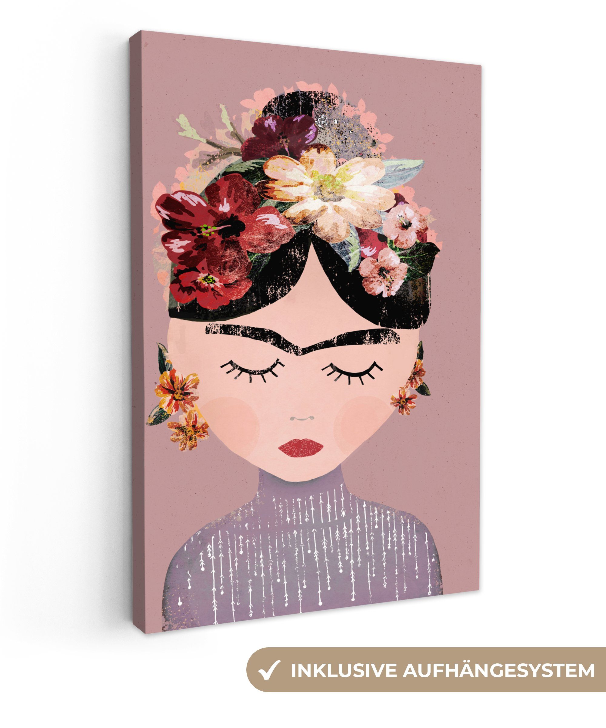 OneMillionCanvasses® Leinwandbild Pastell - Frau - Blumen - Kunst - Frida Kahlo, (1 St), Leinwandbild fertig bespannt inkl. Zackenaufhänger, Gemälde, 20x30 cm