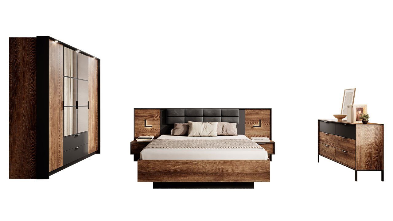 MIRJAN24 Schlafzimmer-Set Milton I, (5er-Set, Kommode, 2x Nachttisch, Kleiderschrank, Bett), Metallgriffe in der Farbe Schwarz