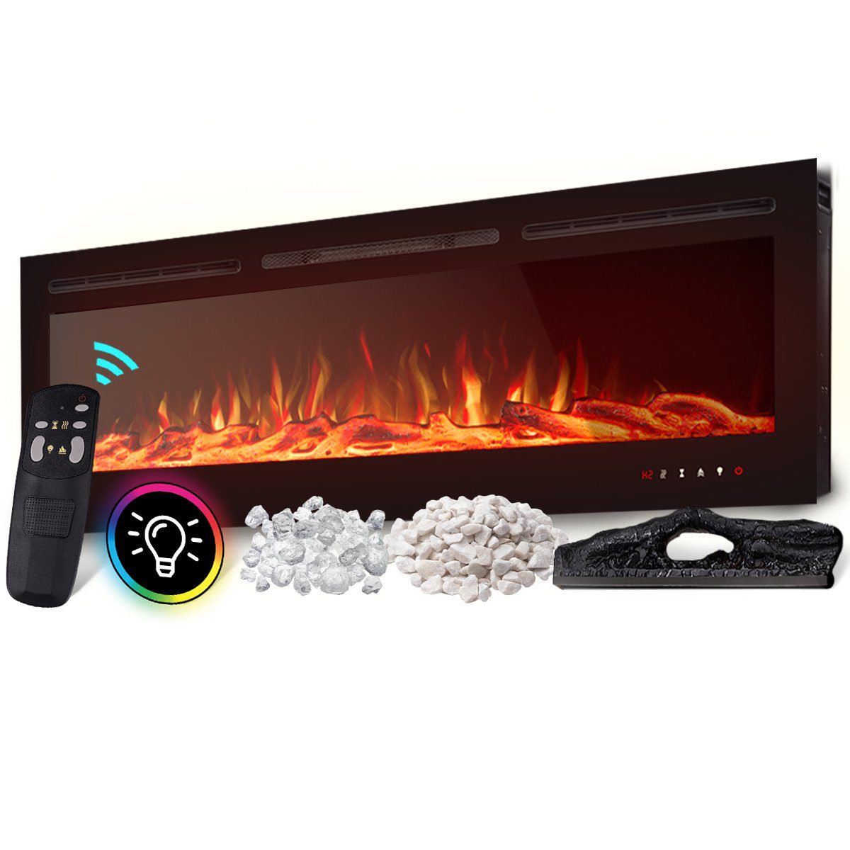 Heidenfeld Elektrokamin Kamin Heizung Wandkamin HF-WK200 750/1500 Watt inkl. 3 Jahre Garantie, 3D Flammen - 10 wählbare LED Farben - Fernbedienung - Elektroheizung