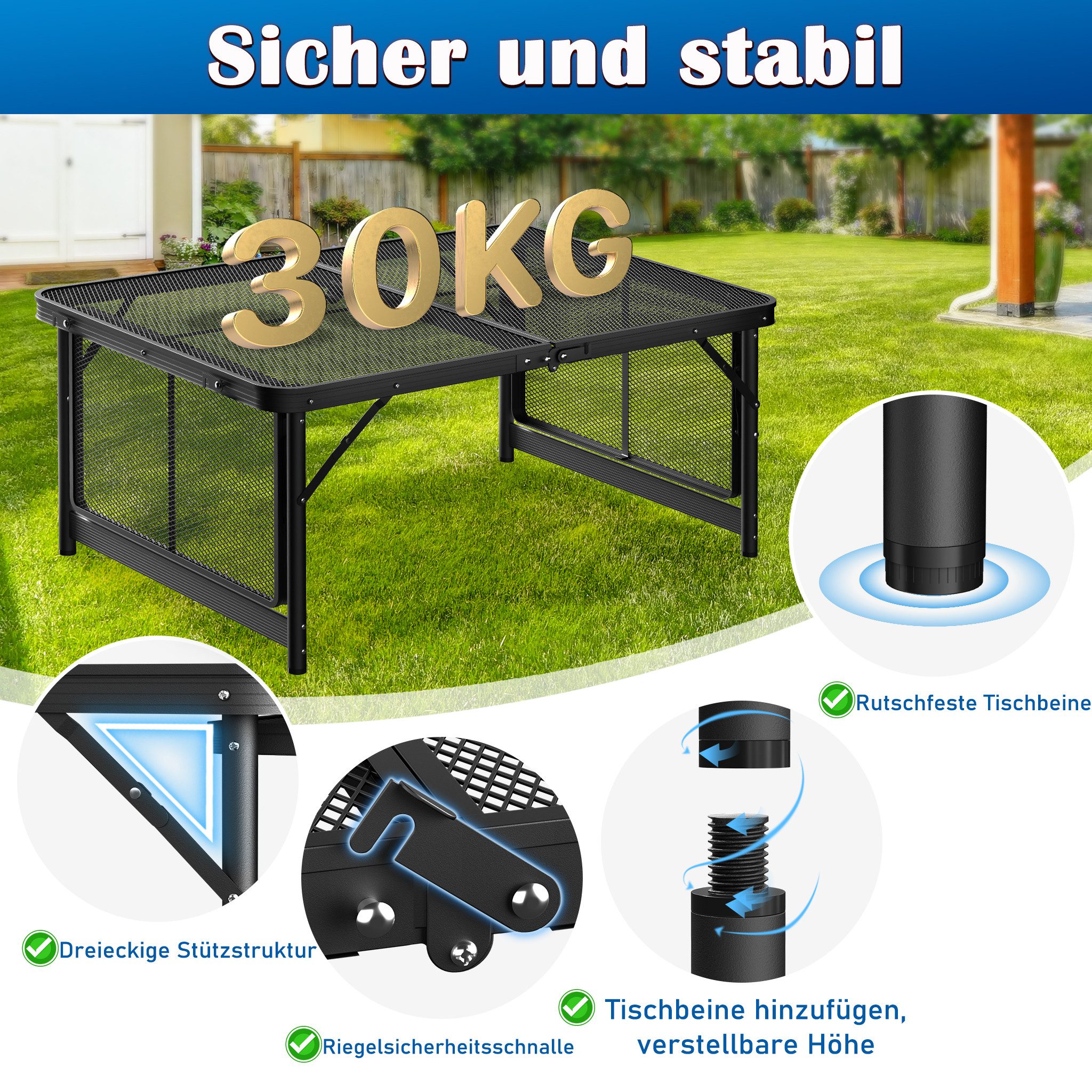 FIVMEN Campingtisch Camping Beistelltisch Klappbar 90×60cm Metallgitterplatte Gartentisch, Höhenverstellbarer Camping Tisch Outdoor Picknicktisch Klapptisch