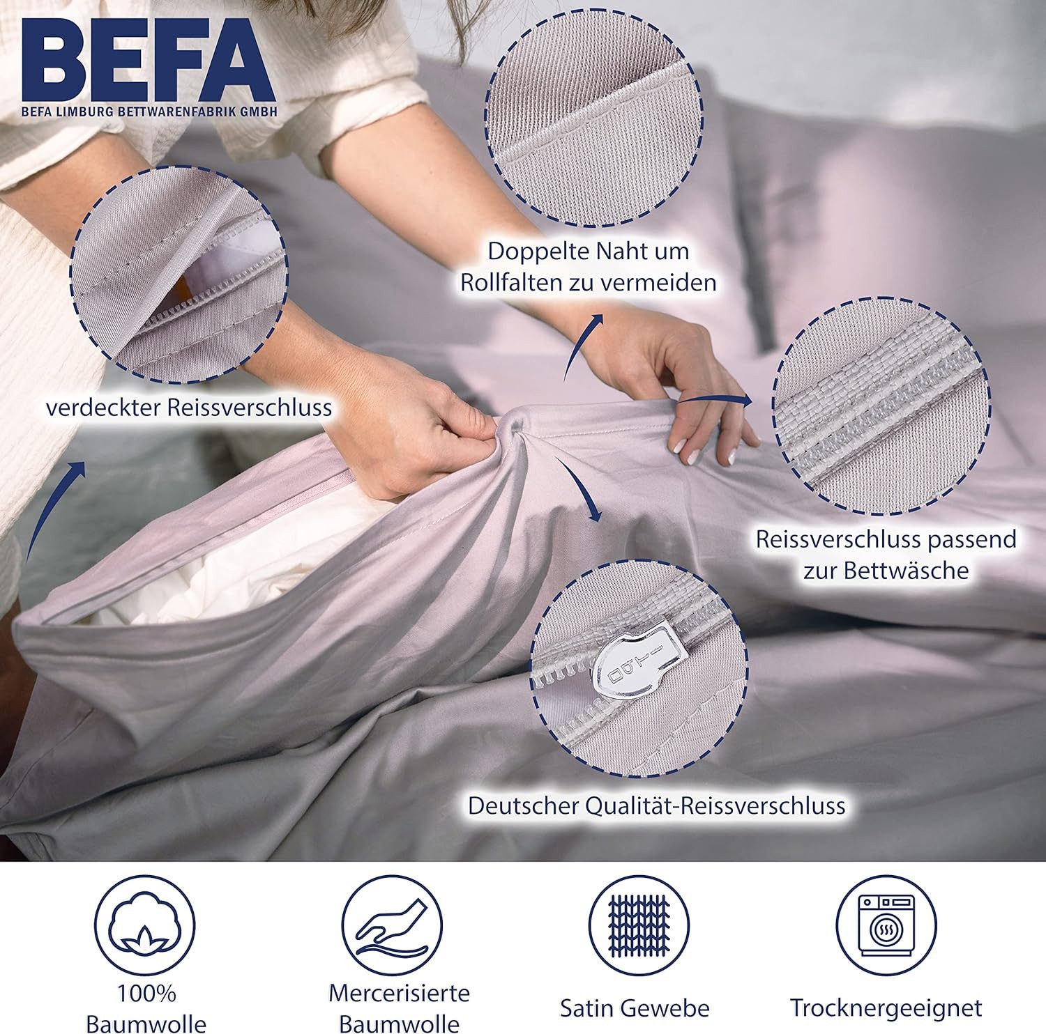 BEFA NATUR Bettwäsche Set aus Satin (Kissen+Decke) - Made in Germany, Bettwäsche Baumwolle, Satin, Allergiker geeignet - atmungsaktiv - mit verdecktem Reißverschluss