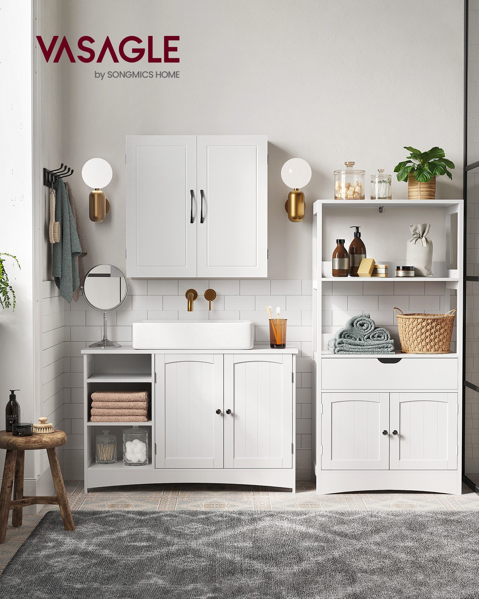 VASAGLE Waschbeckenunterschrank Badezimmerschrank extra lang, Breite 90cm, offene Fächer, höhenverstellbare Ablagen