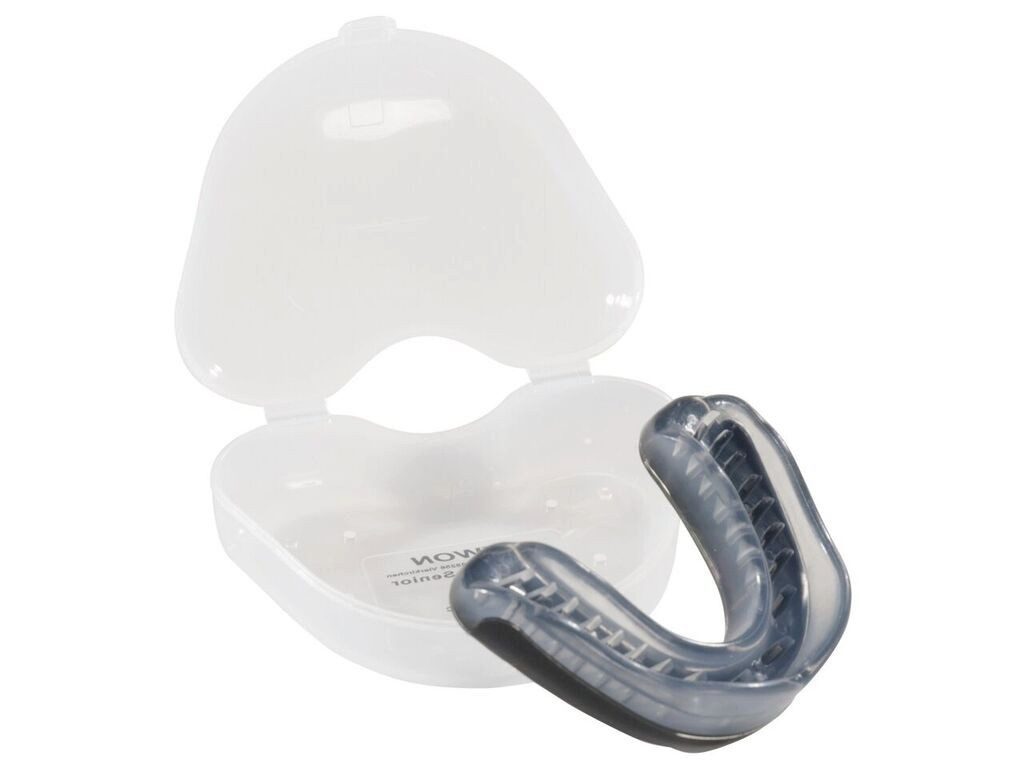 KWON Zahnschutz 2 Schichten Profi Performance mit Box Sport Mundschutz Vollkontakt (Für die obere Zahnreihe, Stück mit Dose), Zweifarbig schwarz/silber, Belüftungsschlitz, Senior und Junior